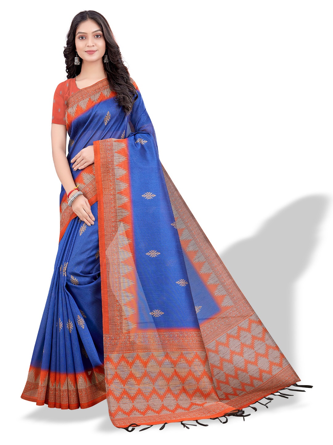 

Mitera Blue & Red Floral Art Silk Bhagalpuri Saree