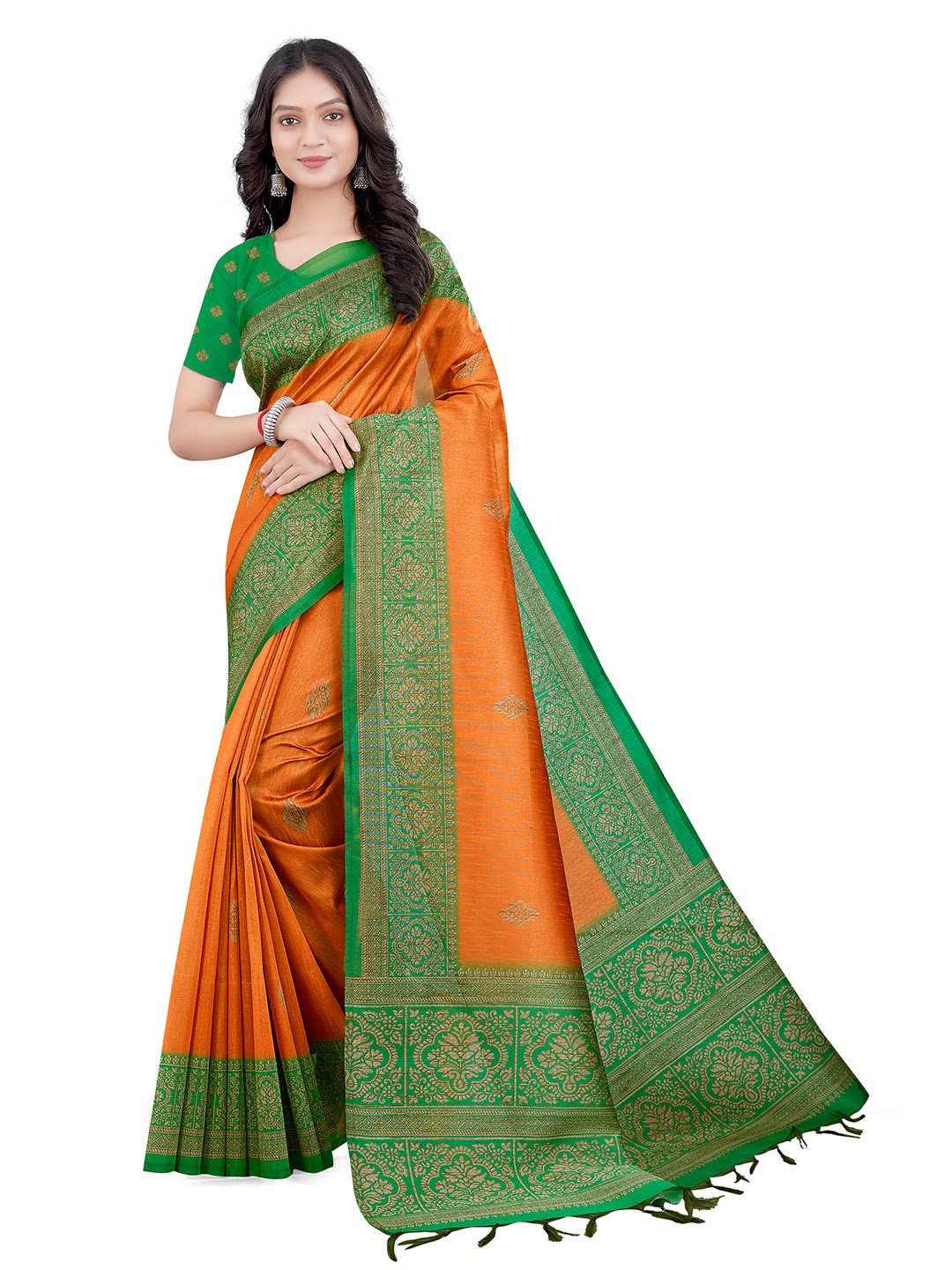 

Mitera Orange & Green Floral Art Silk Bhagalpuri Saree