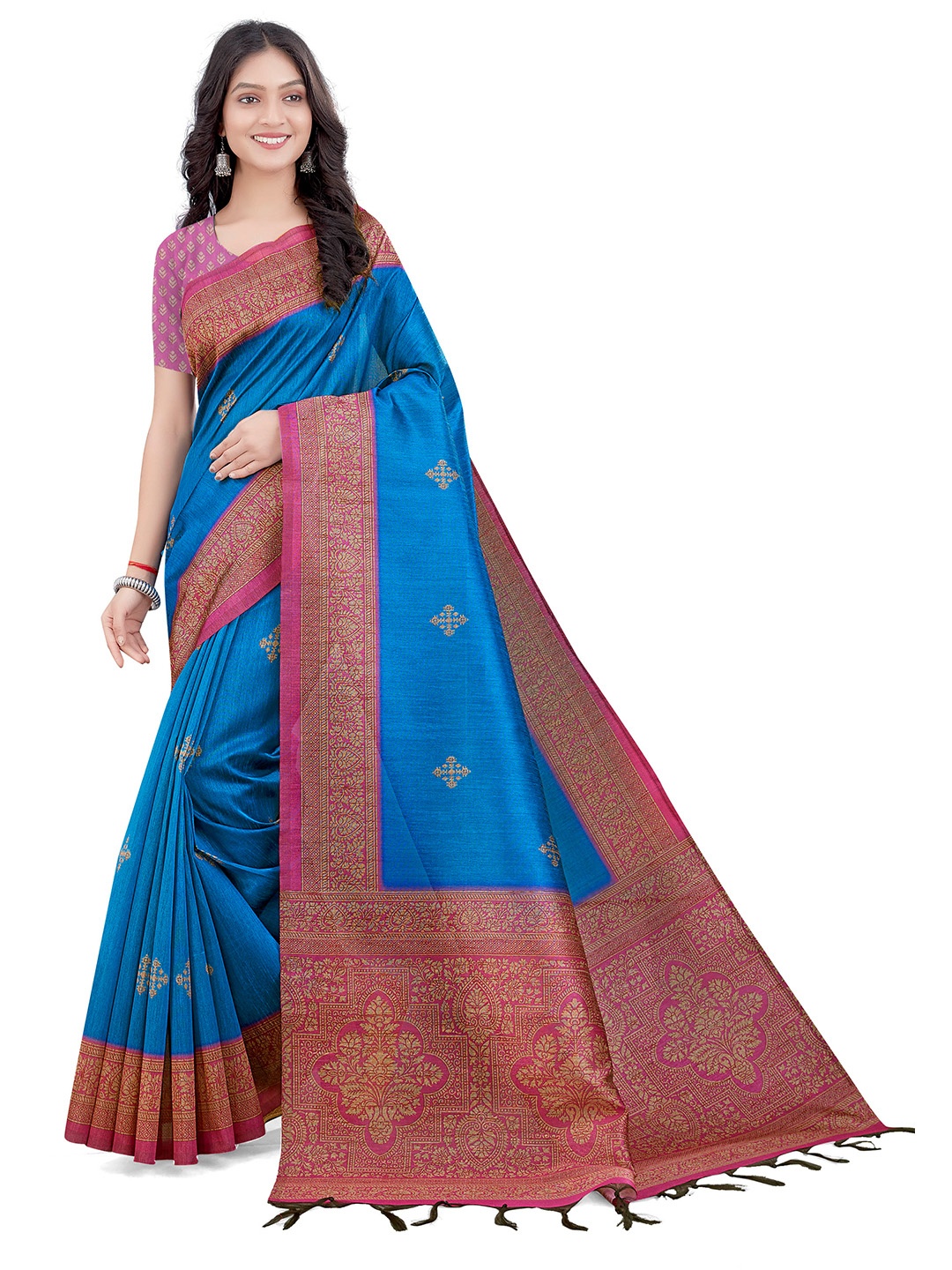 

Mitera Turquoise Blue & Pink Floral Art Silk Bhagalpuri Saree