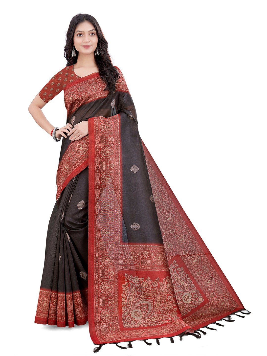 

Mitera Black & Red Ethnic Motifs Art Silk Bhagalpuri Saree