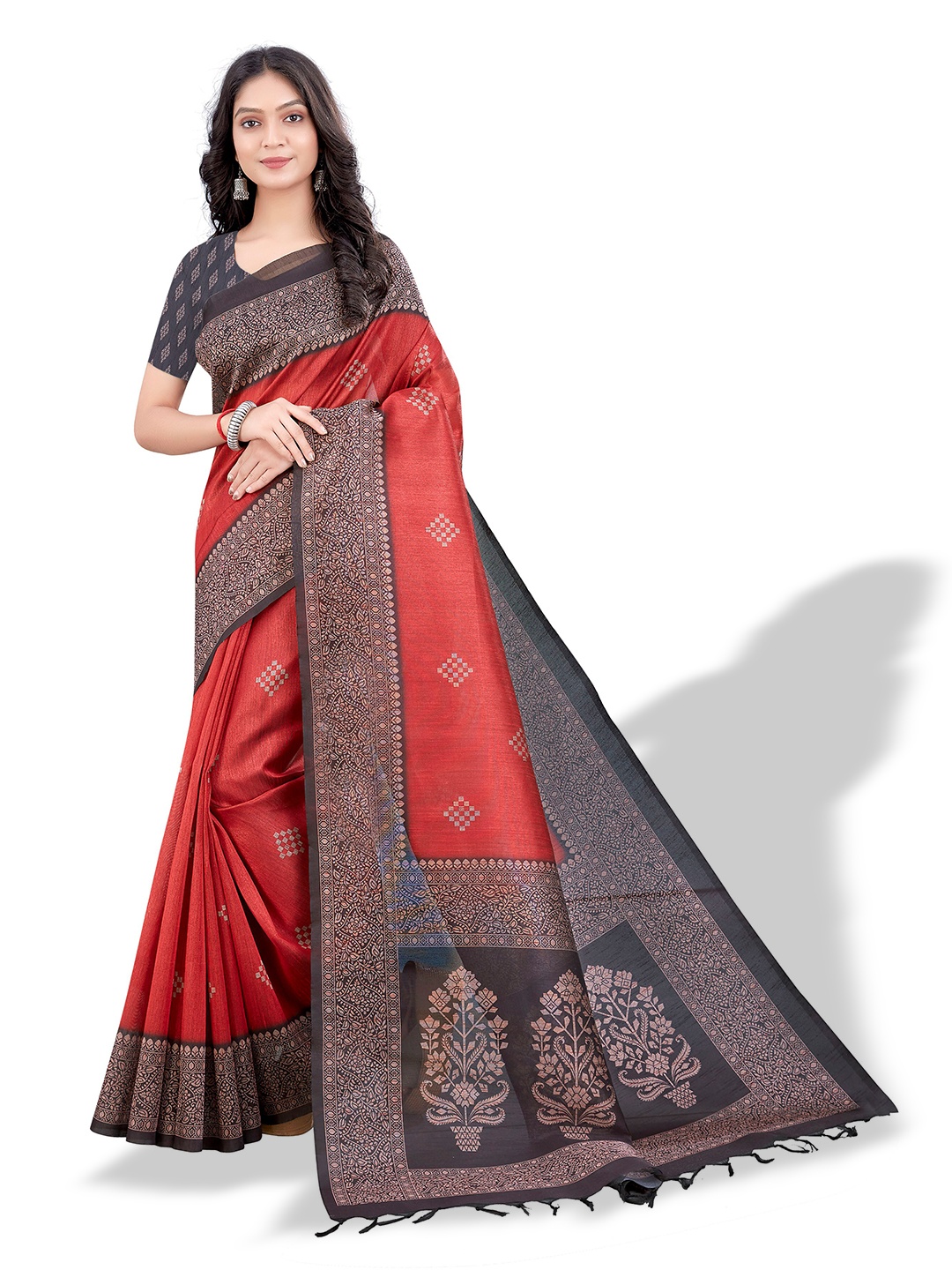 

Mitera Red & Purple Floral Art Silk Bhagalpuri Saree