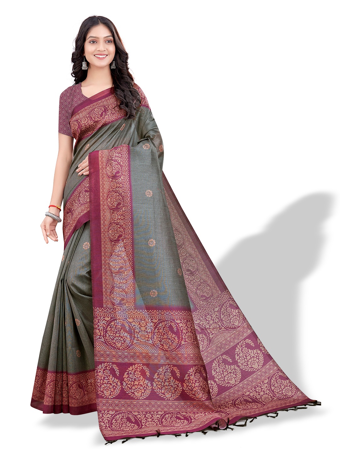 

Mitera Grey & Purple Floral Art Silk Bhagalpuri Saree