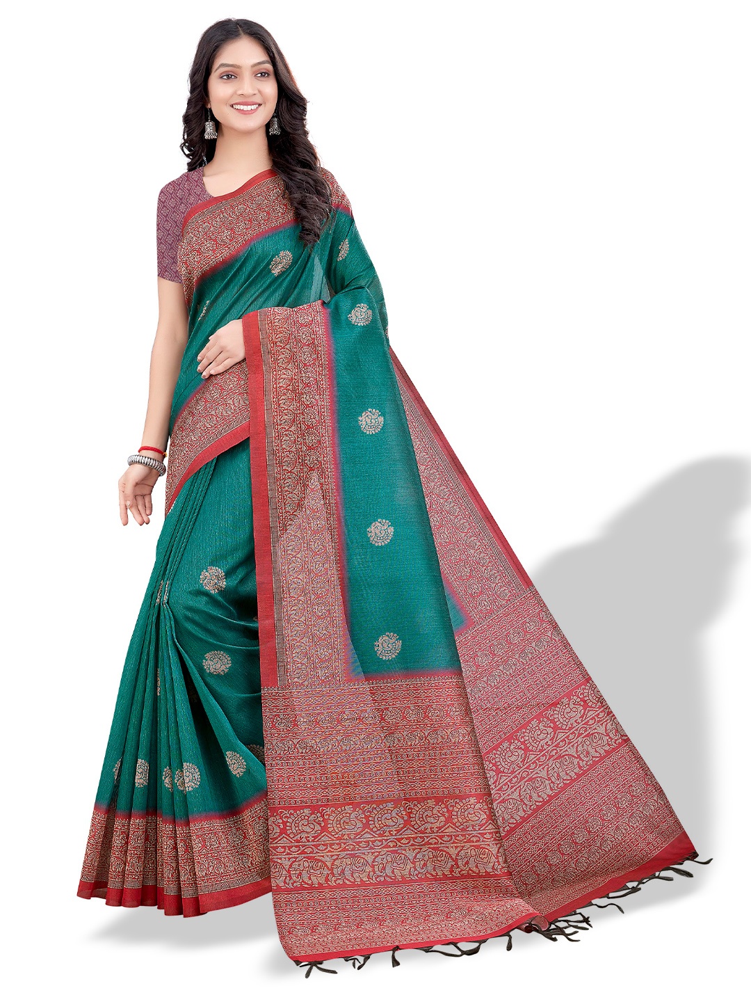 

Mitera Teal & Beige Ethnic Printed Bhagalpuri Saree