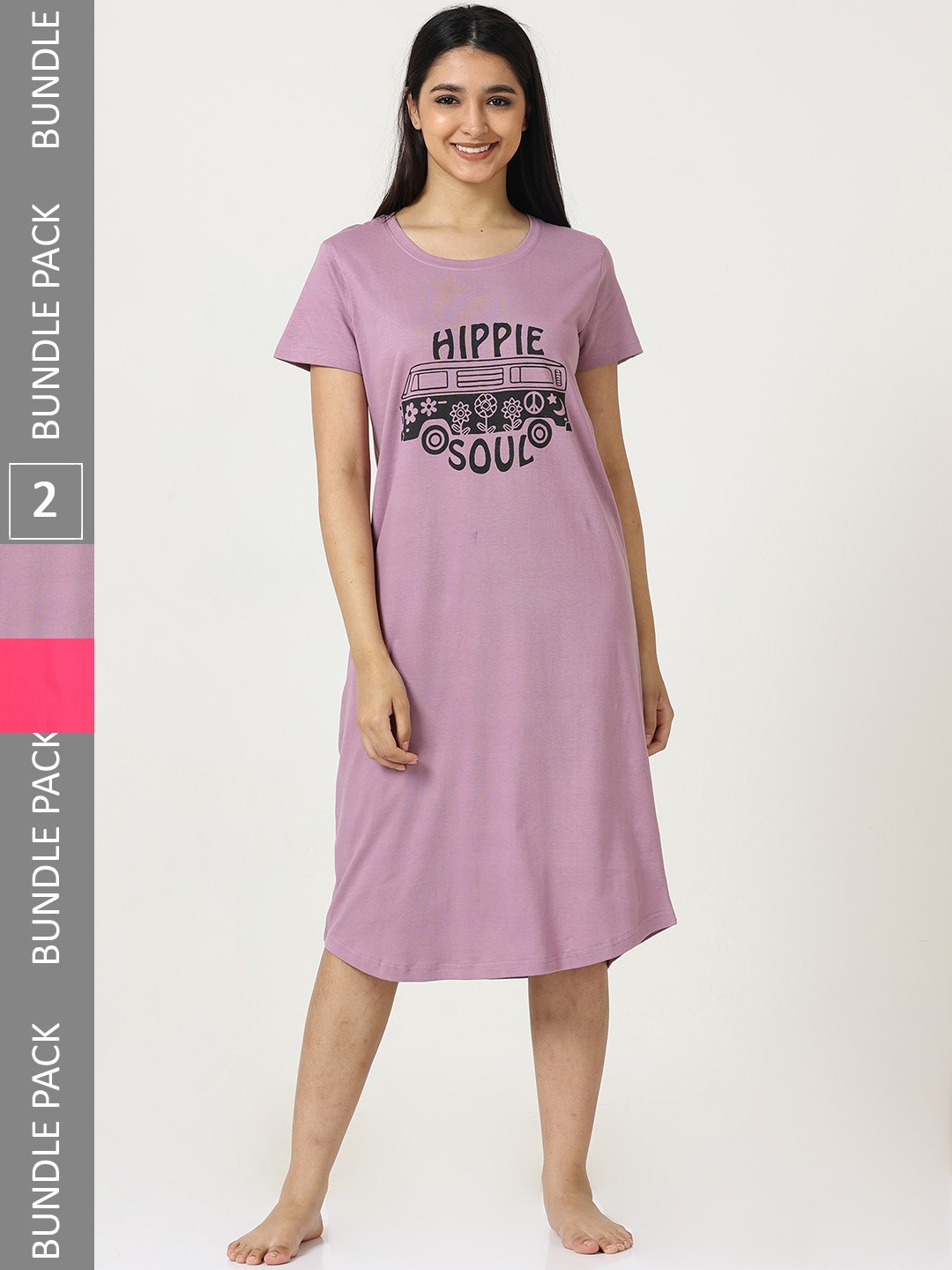 

9shines Label Pack Of 2 Typography Printed Pure Cotton Nightdress, Pink