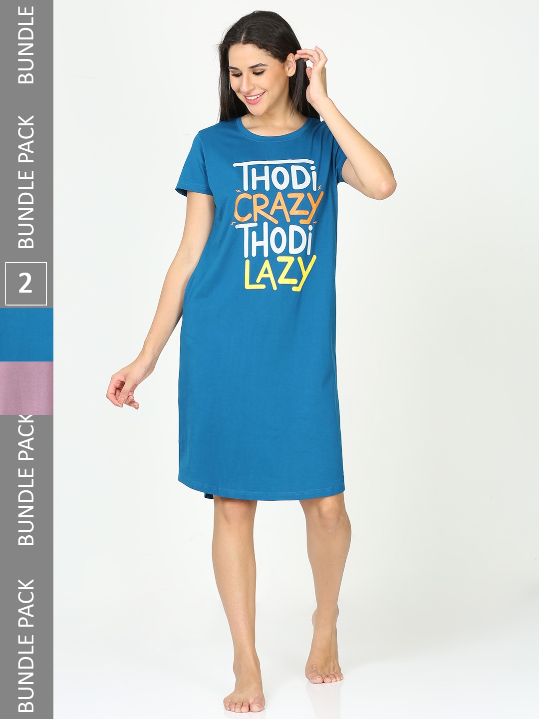 

9shines Label Pack Of 2 Typography Printed Pure Cotton Nightdress, Blue