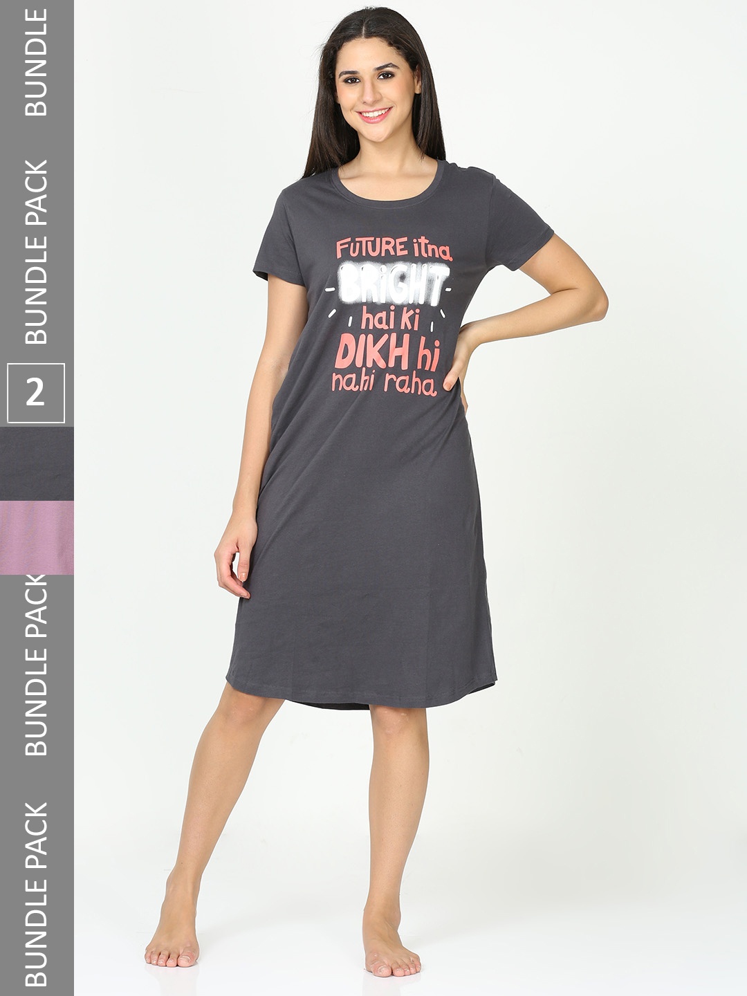 

9shines Label Pack Of 2 Typography Printed Pure Cotton Nightdress, Grey