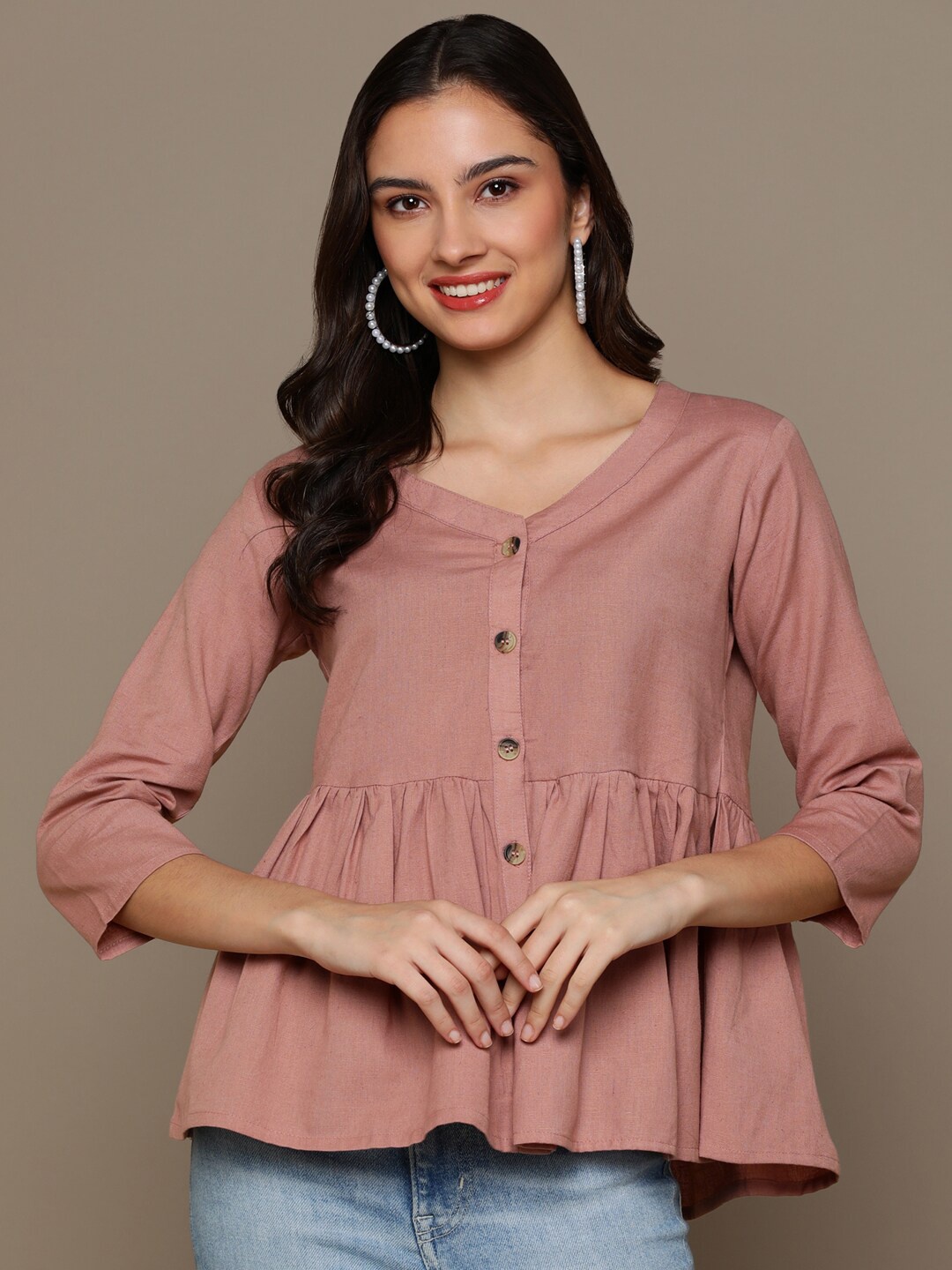 

HERE&NOW V-neck Pure Cotton Shirt Style Top, Brown