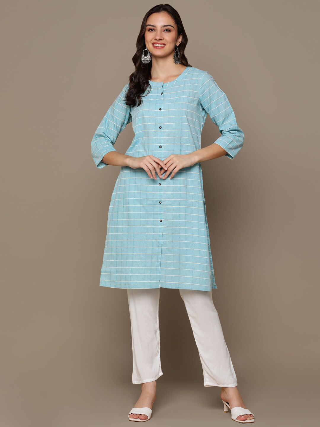 

HERE&NOW Blue & White Checked Straight Pure Cotton Short Kurti