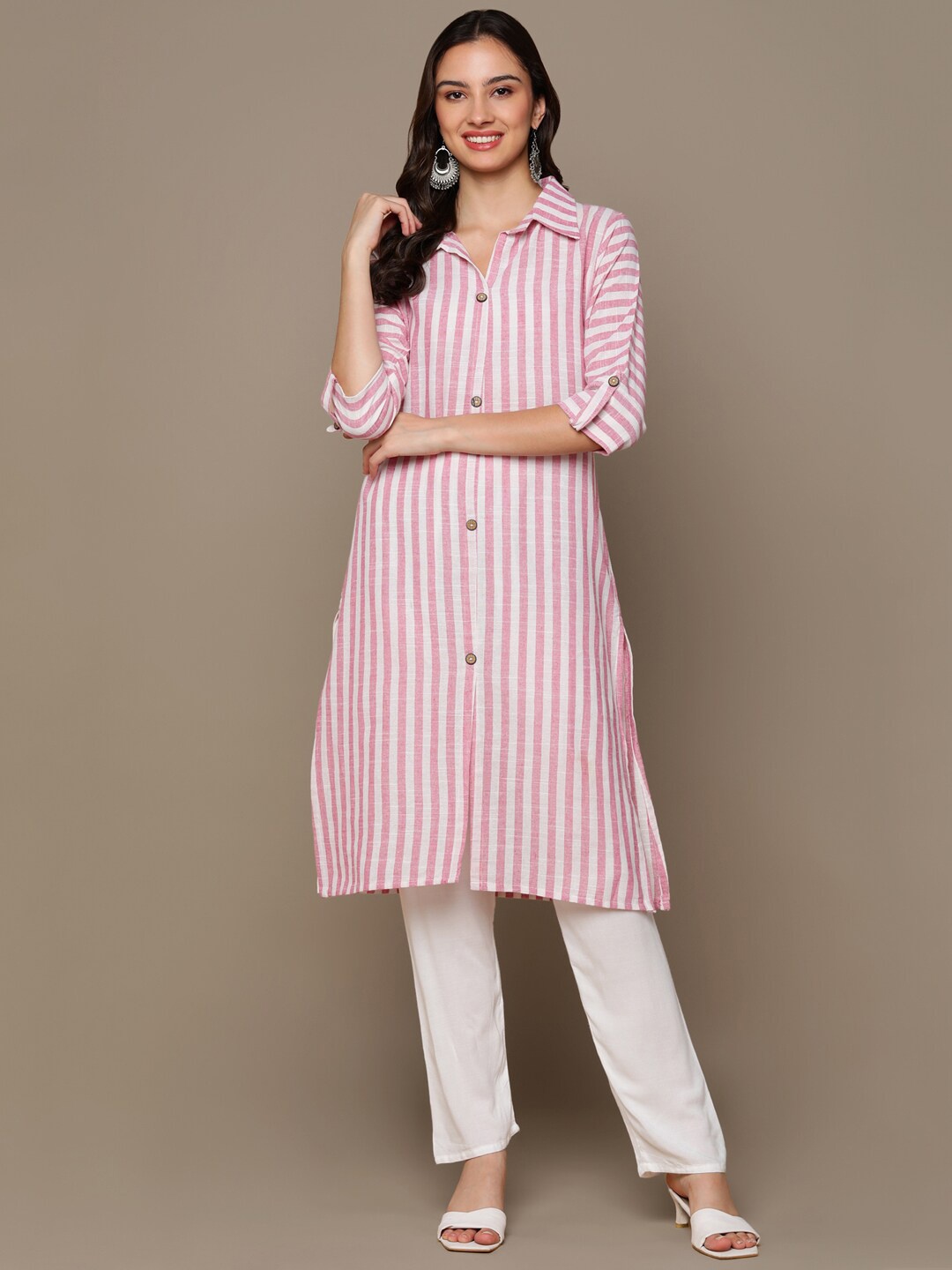 

HERE&NOW Pink & White Shirt Collar Roll-Up Sleeves Striped Pure Cotton Straight Kurta