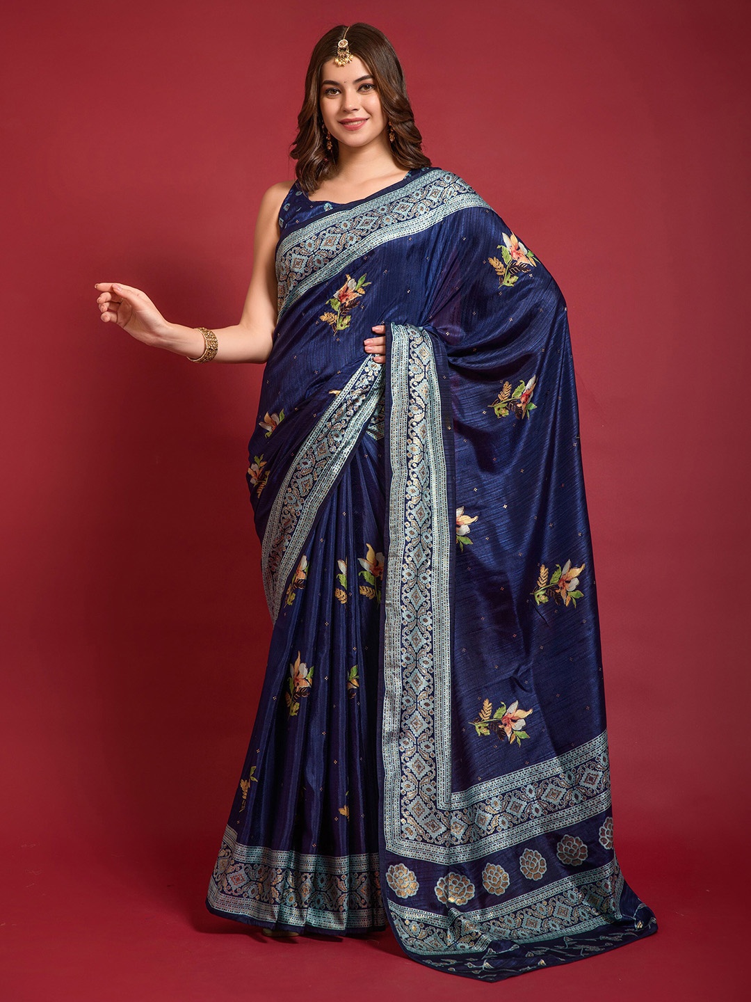 

elora Floral Printed Pure Silk Bhagalpuri Saree, Blue