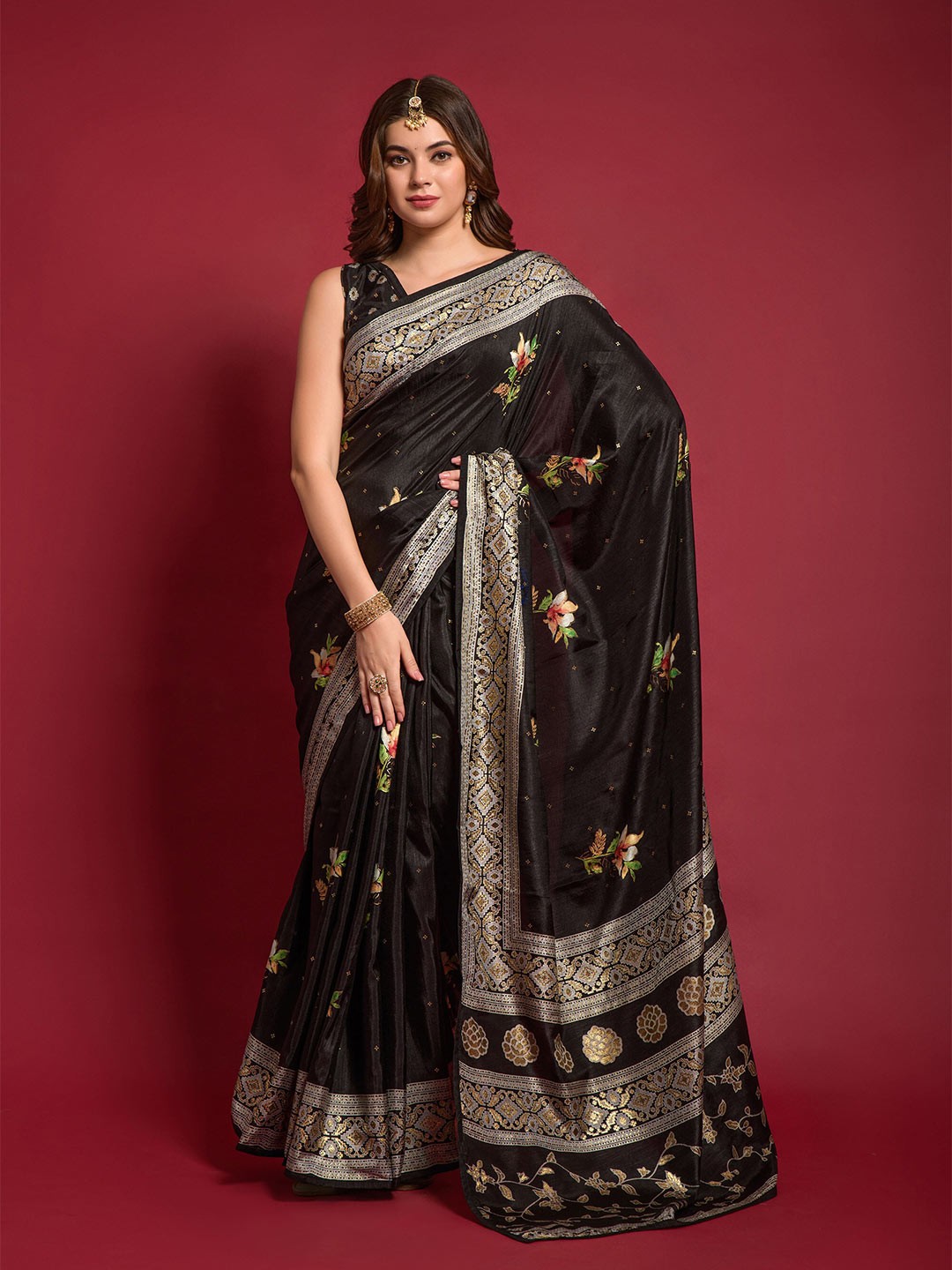 

elora Floral Printed Pure Silk Bhagalpuri Saree, Black