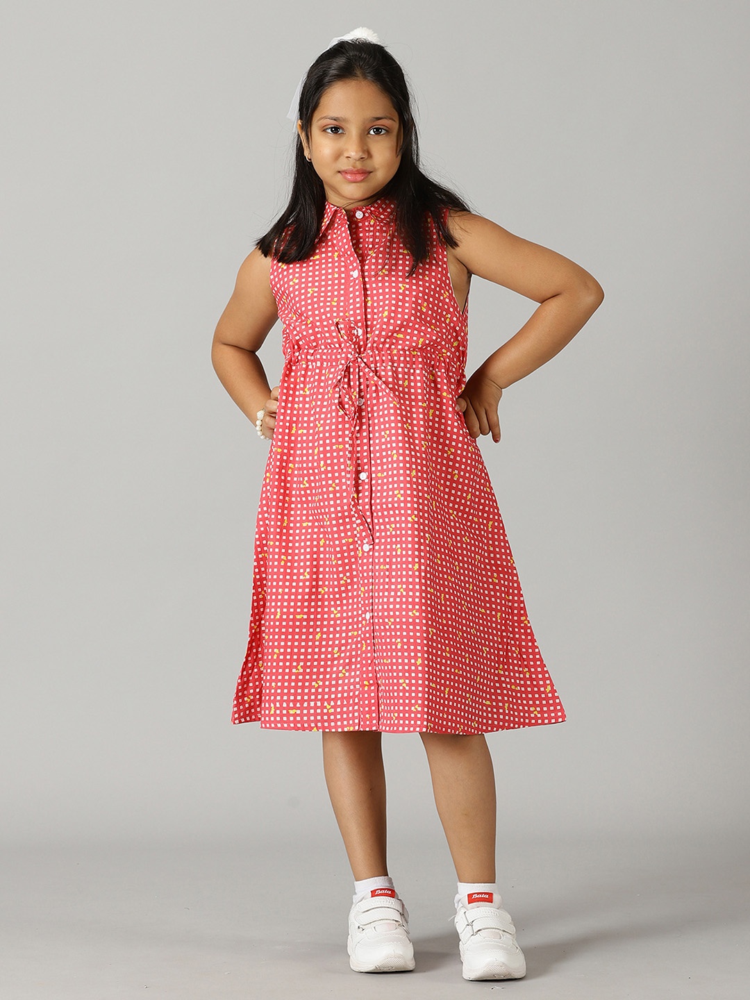 

KiddoPanti Girls Checked Printed Cotton Shirt Dress, Pink