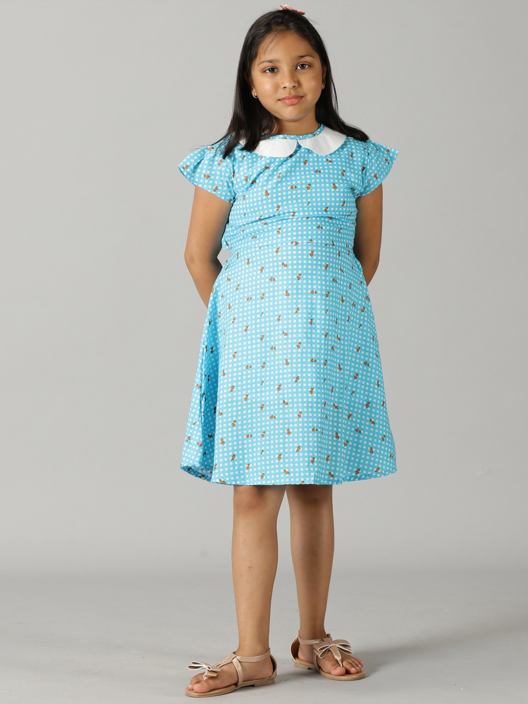 

KiddoPanti Girls Striped Printed Peter Pan Cotton A-Line Dress, Blue