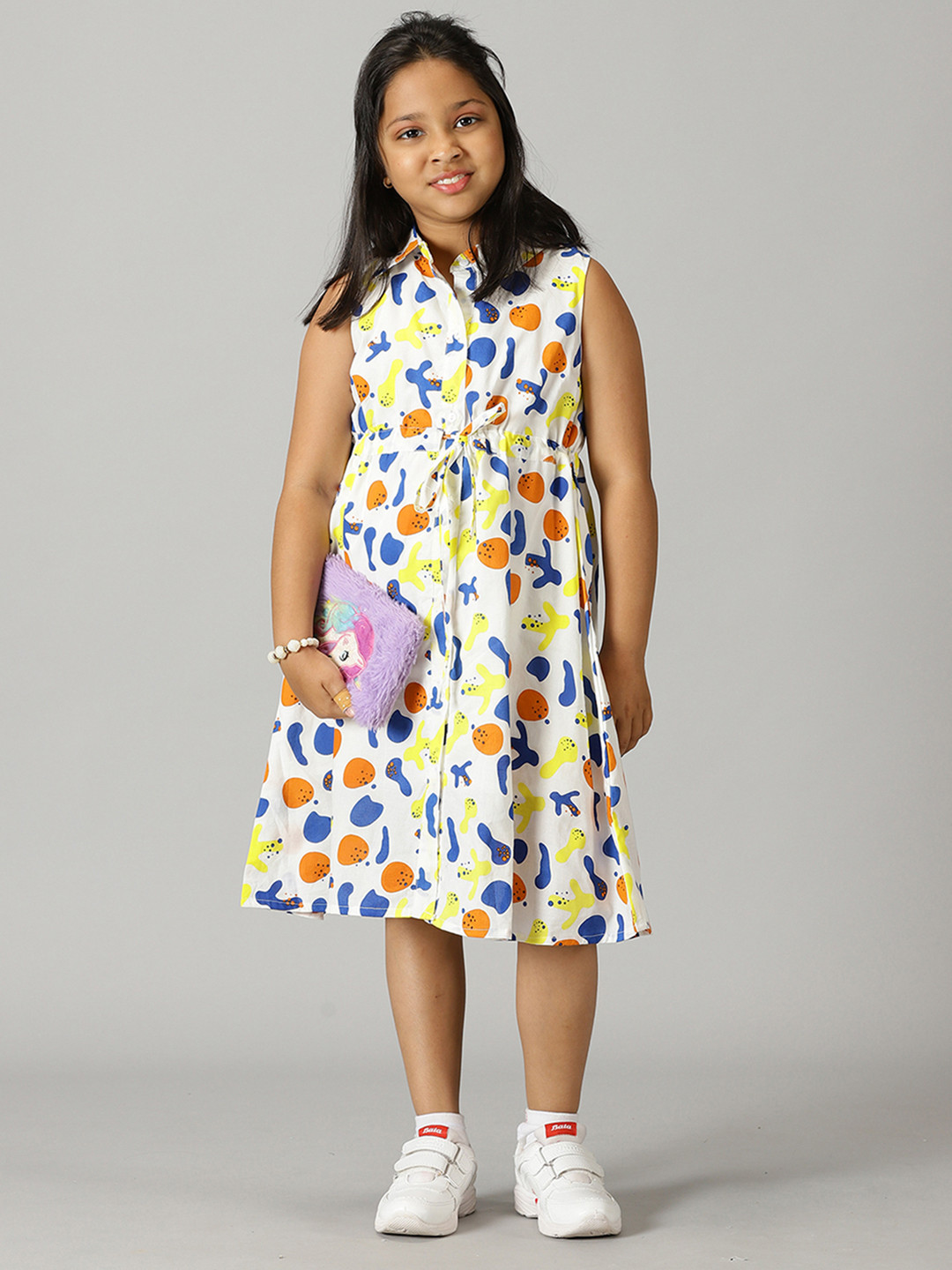 

KiddoPanti Girls Abstract Printed Pure Cotton A-Line Dress, Off white