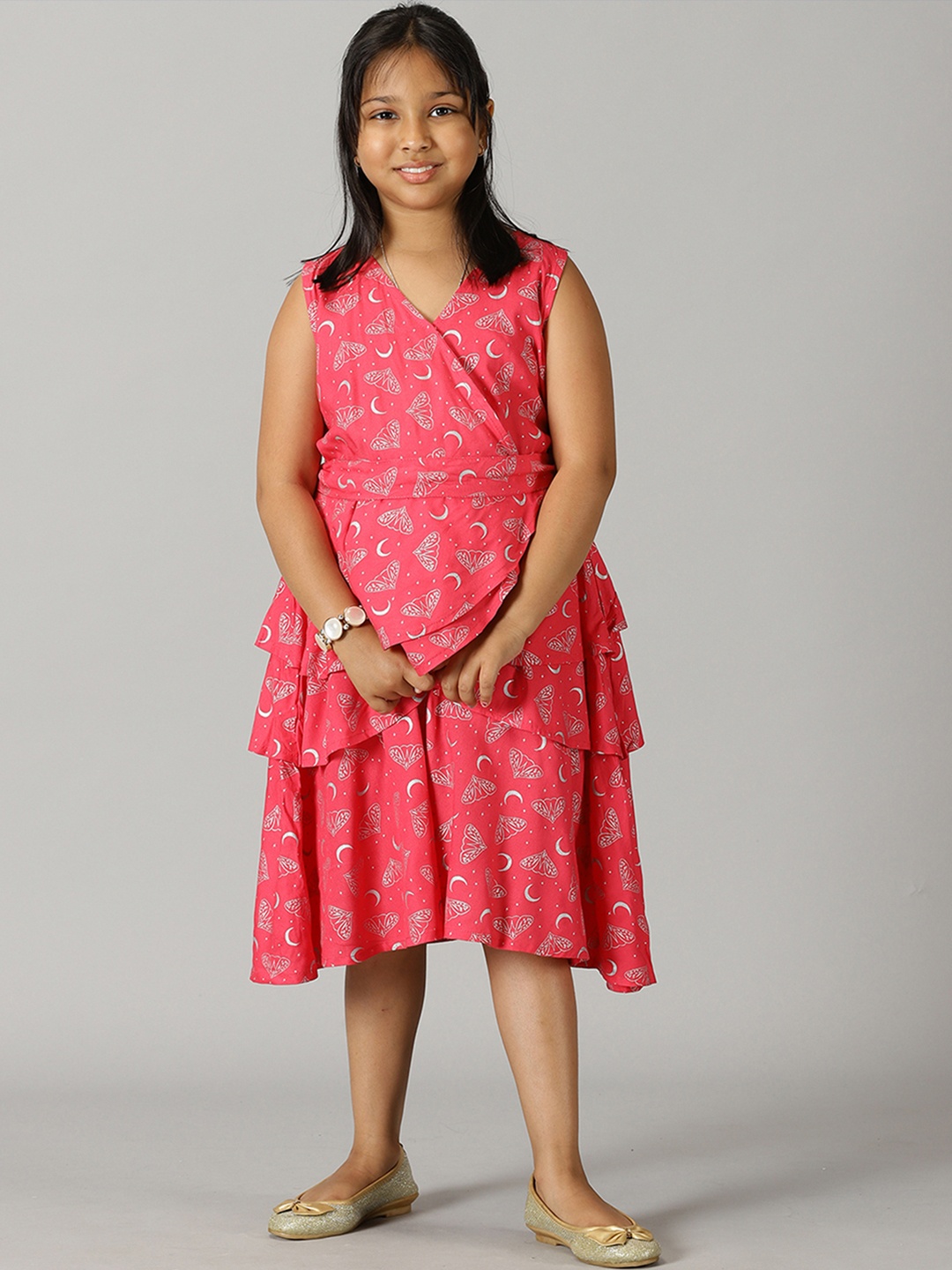 

KiddoPanti Girls Conversational Printed Layered Wrap Dress, Red
