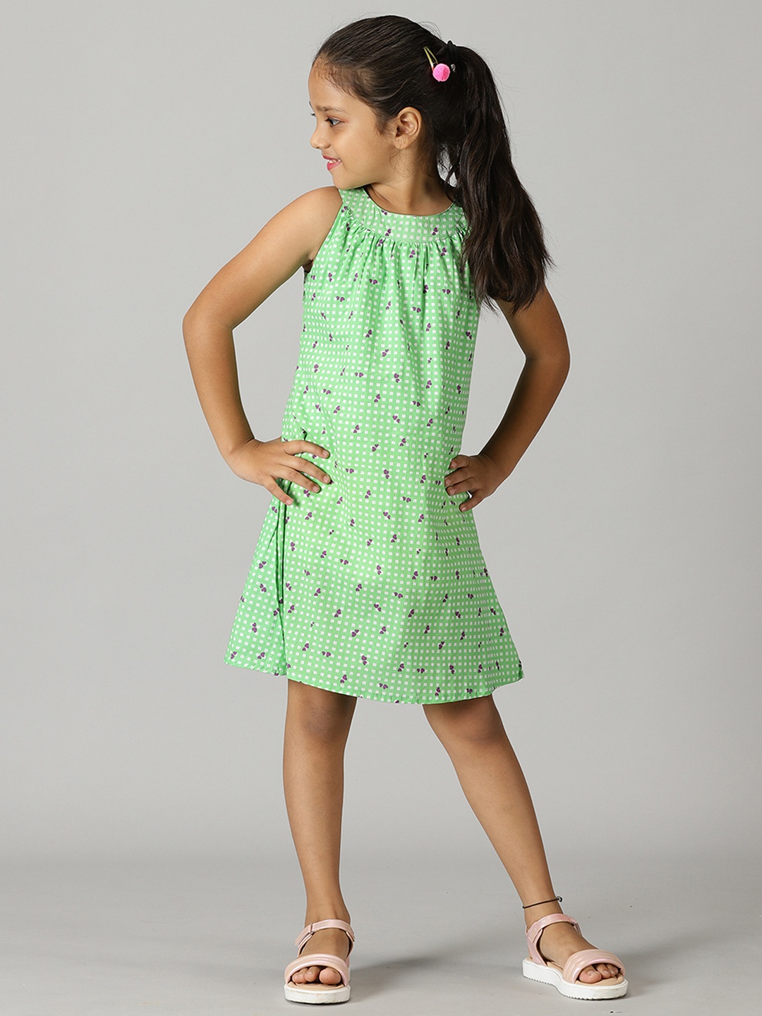 

KiddoPanti Girls Conversational Printed Pure Cotton A-Line Dress, Green