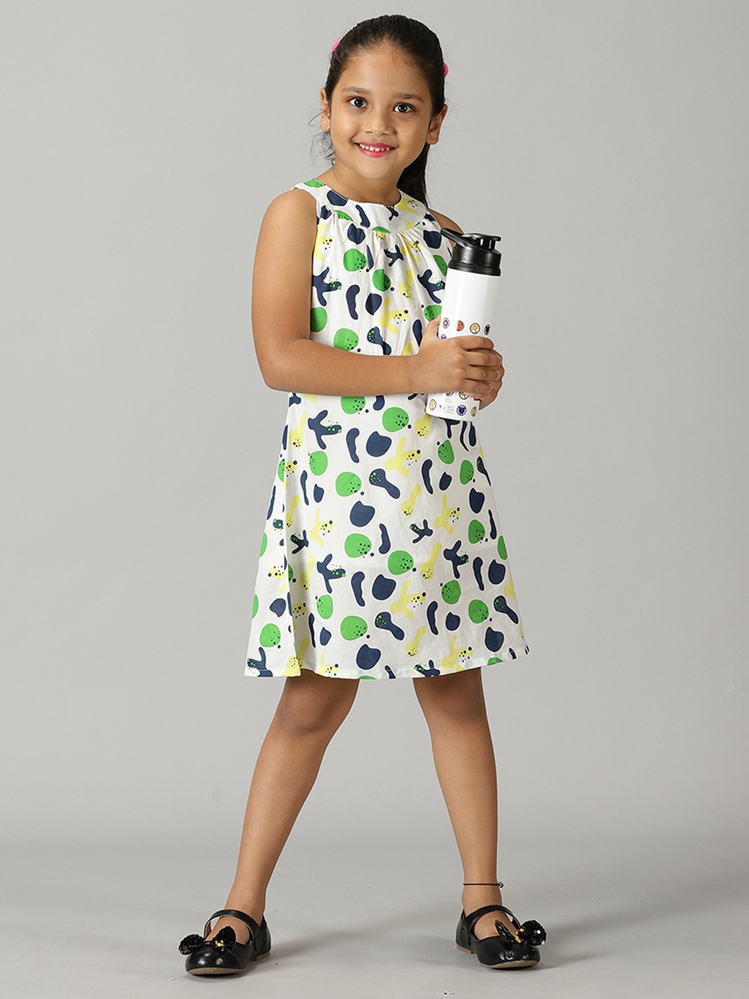 

KiddoPanti Girls Abstract Printed Round Neck Pure Cotton A-Line Dress, White