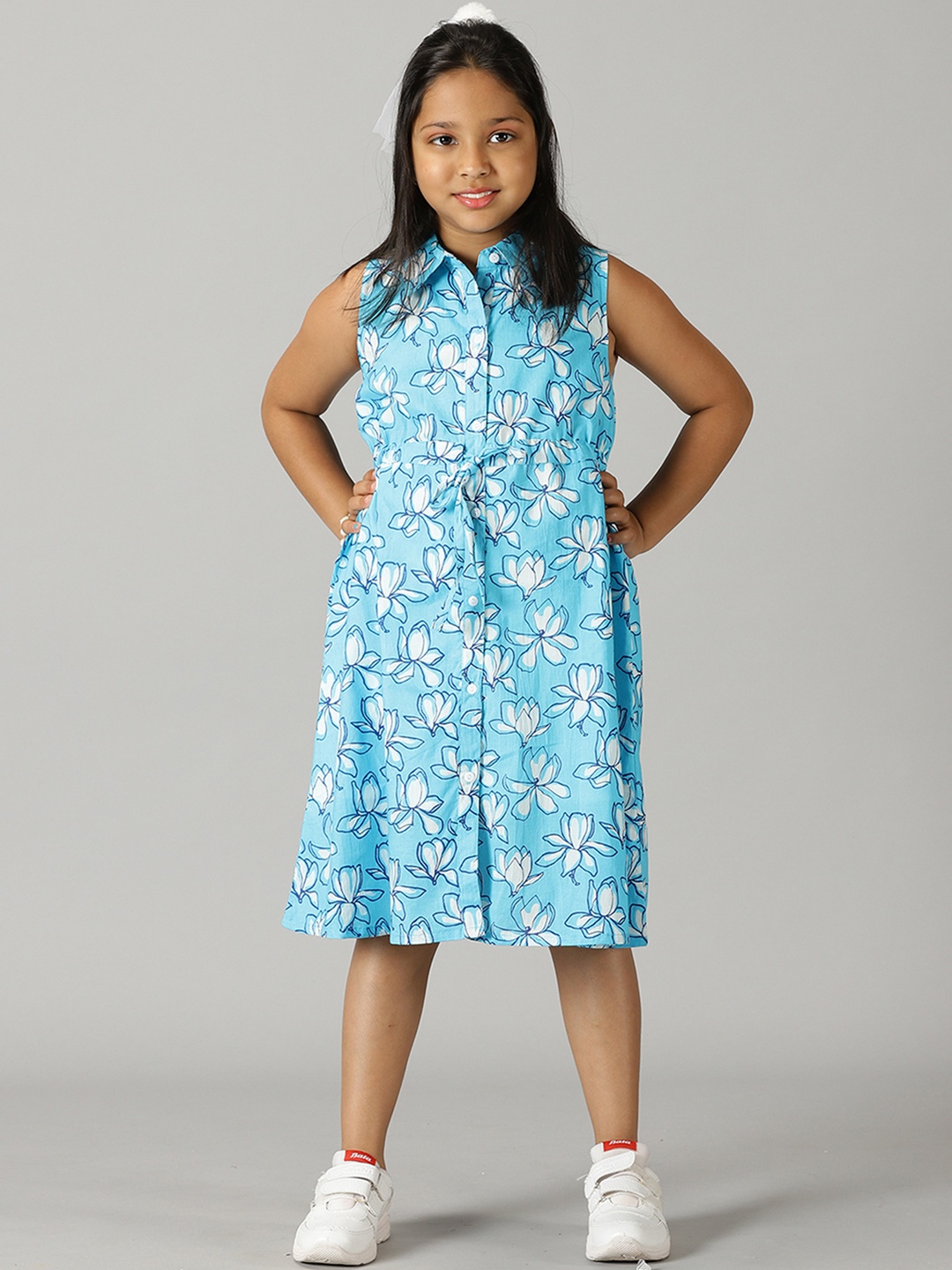 

KiddoPanti Girls Floral Printed Shirt Collar Pure Cotton A-Line Dress, Blue