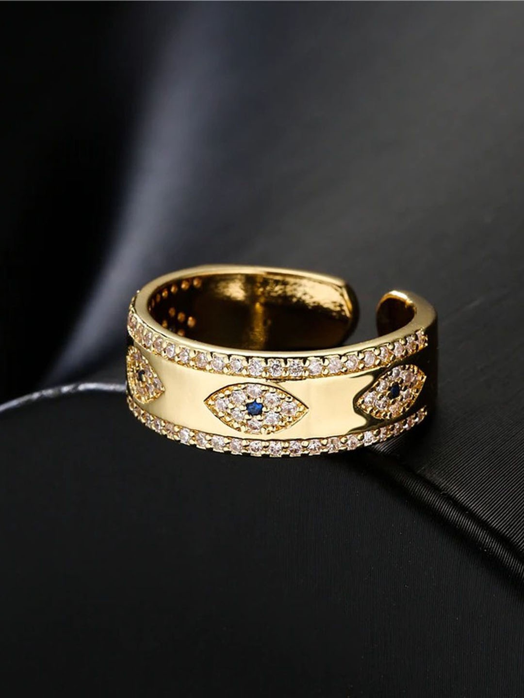 

ZIVOM Gold-Plated Cubic Zirconia Studded Evil Eye Adjustable Finger Ring