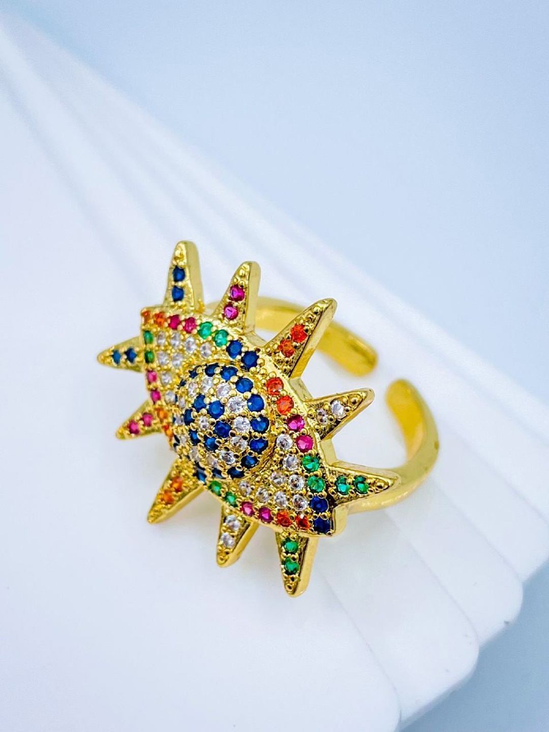 

ZIVOM Gold-Plated Studded Studded Evil Eye Adjustable Finger Ring