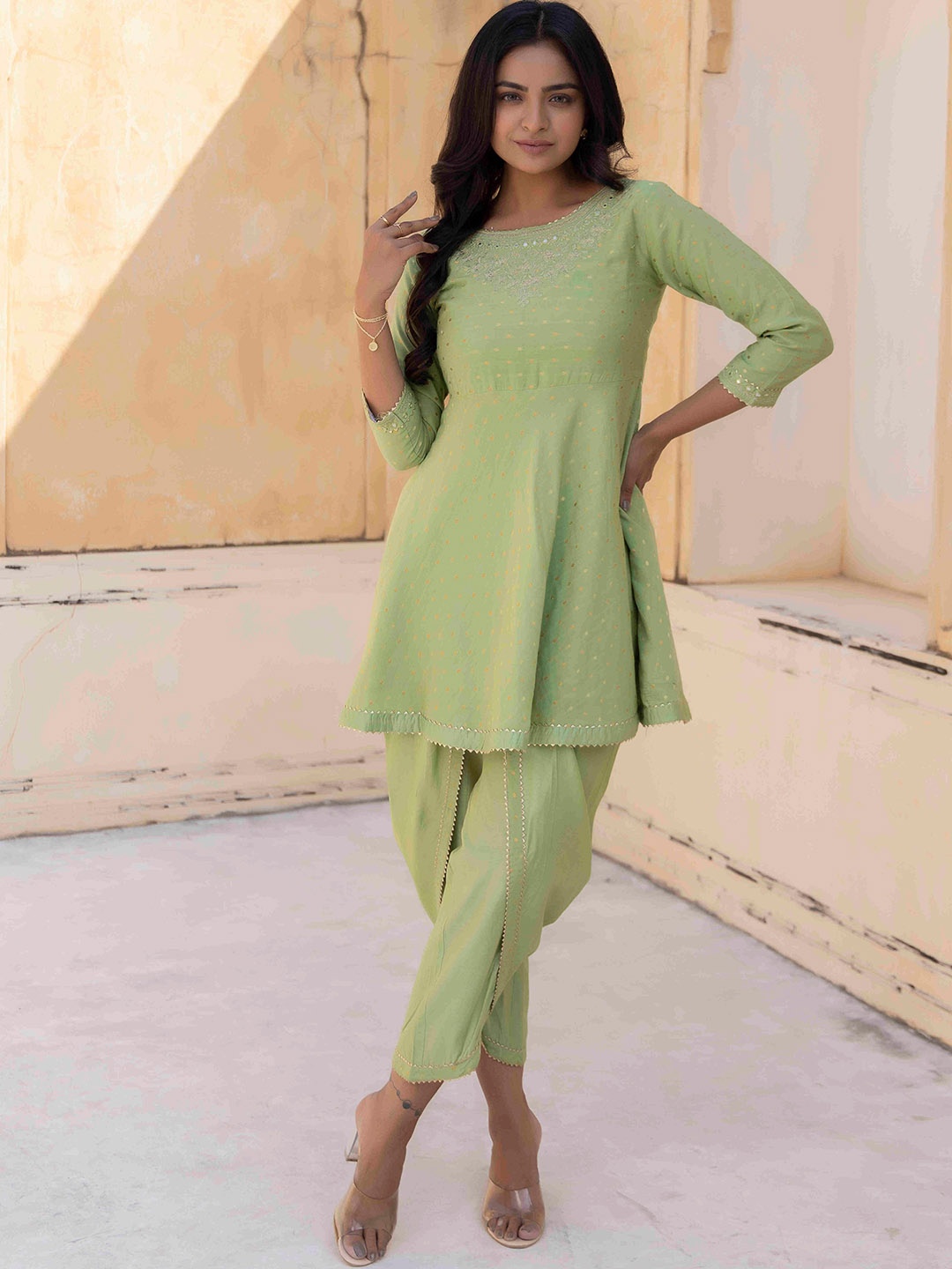 

Ragavi Yoke Design Round Neck Kurti & Dhoti Set, Green
