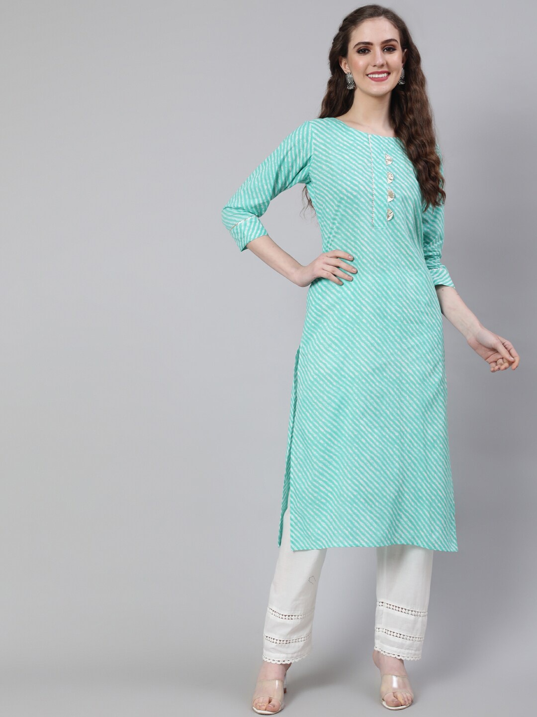 

THE NKS PLUS Leheriya Printed Gotta Patti Cotton Kurta, Turquoise blue