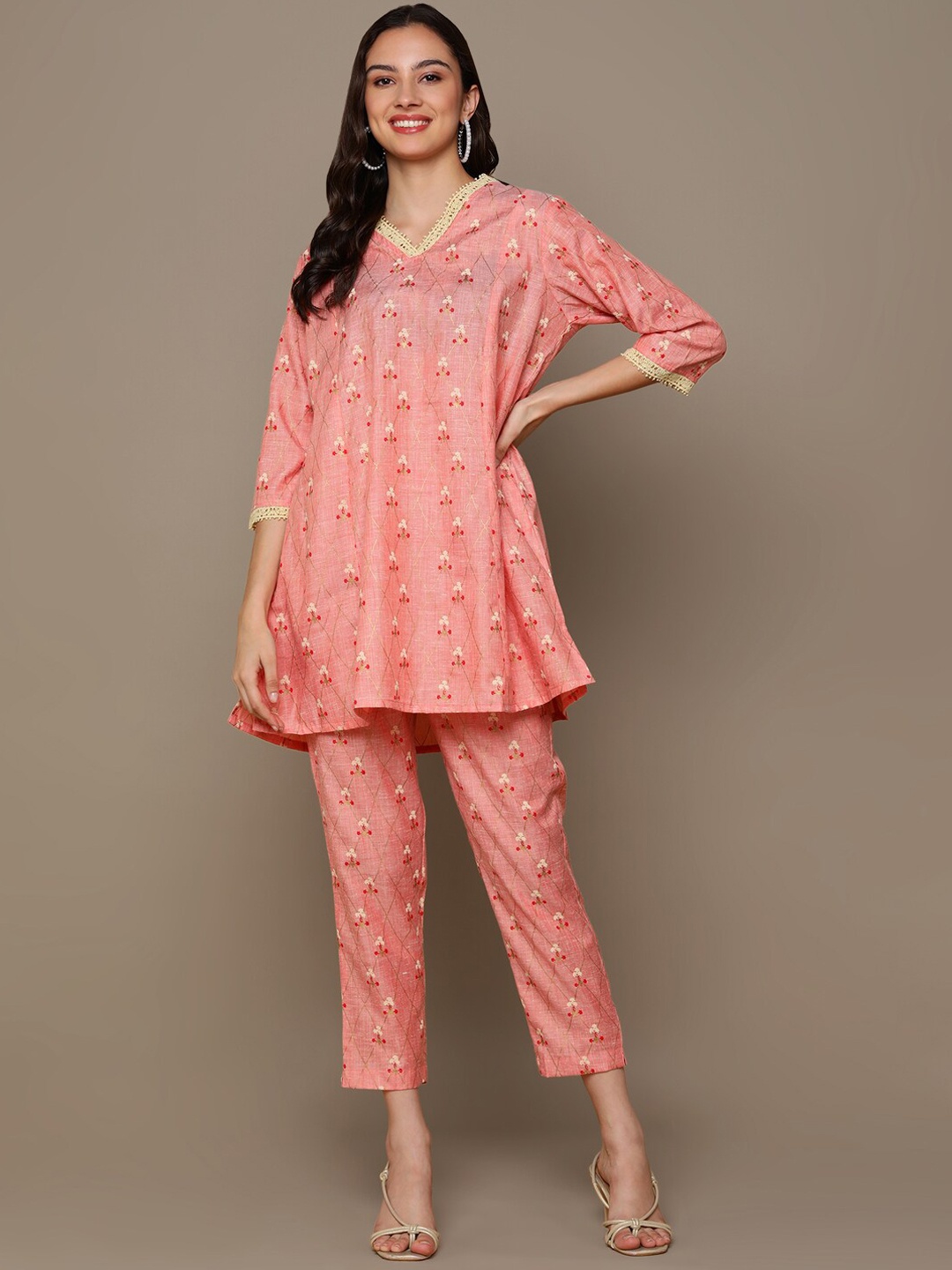 

HERE&NOW Orange Floral Printed A-Line Kurta Set