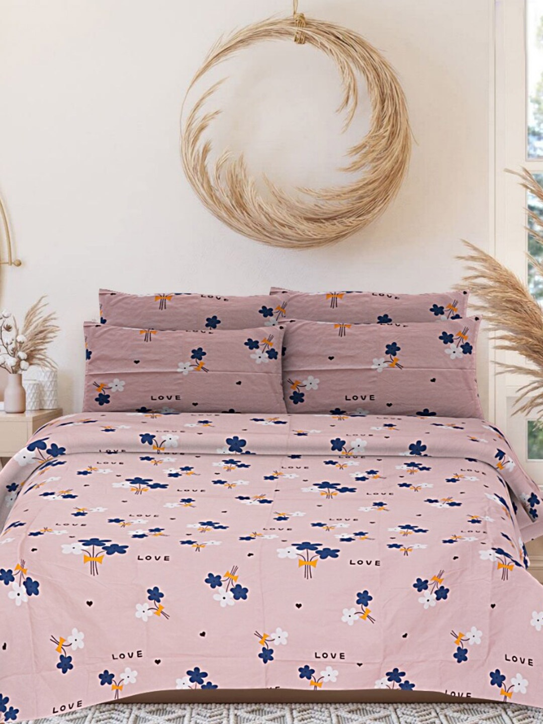 

INDHOME LIFE Pink & Blue Printed 220 TC Pure Cotton Queen Bedsheet & 2 Pillow Covers