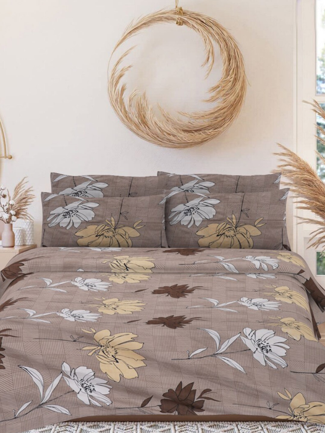 

INDHOME LIFE Brown & Grey Floral Pure Cotton 160 TC Queen Bedsheet With 2 Pillow Covers