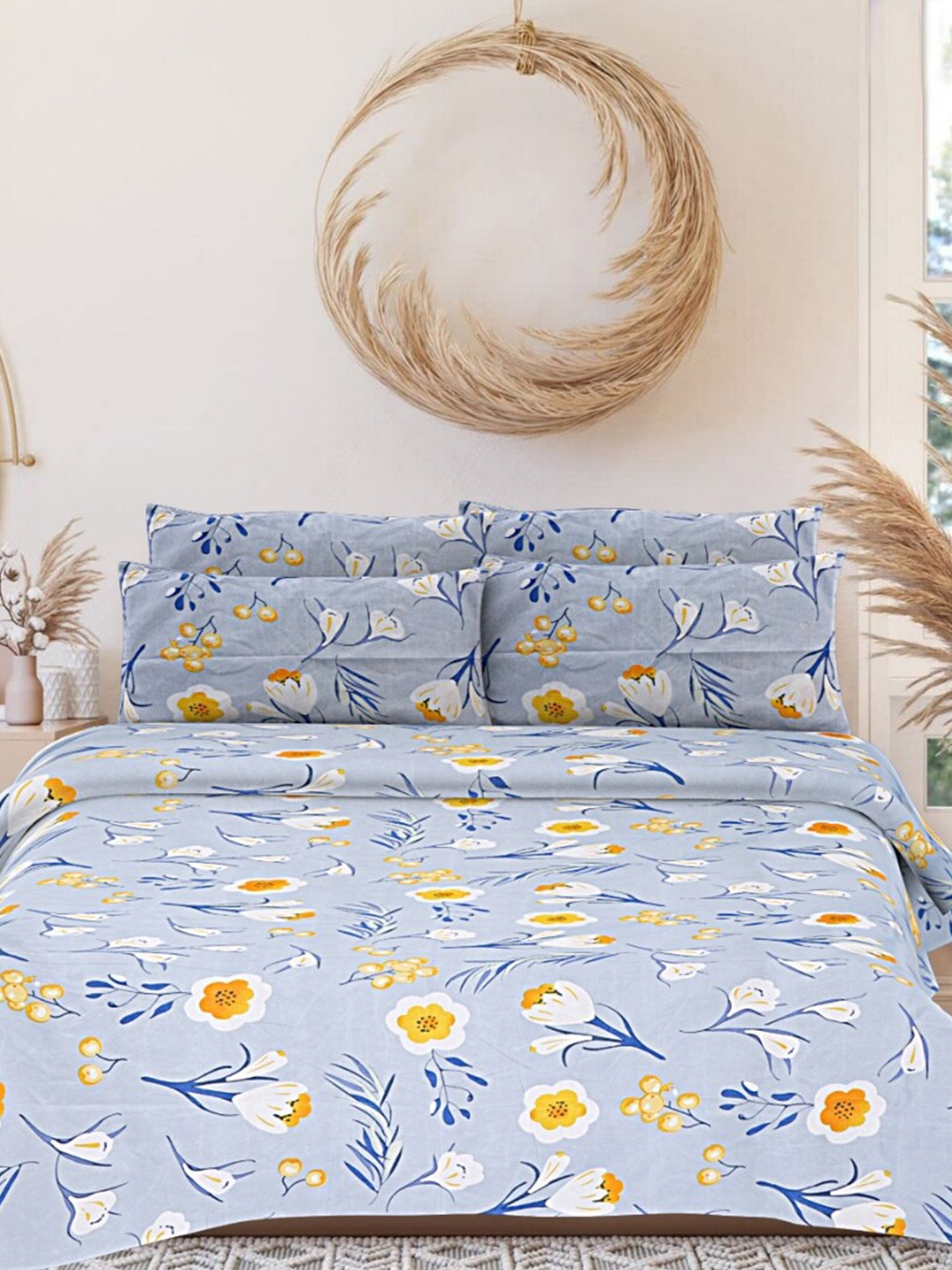 

INDHOME LIFE Blue & Mustard Printed 160 TC Pure Cotton Queen Bedsheet & 2 Pillow Covers