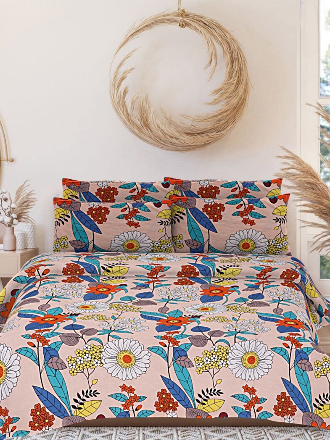 

INDHOME LIFE Pink & Blue Floral Cotton 220 TC Queen Bedsheet With 2 Pillow Covers