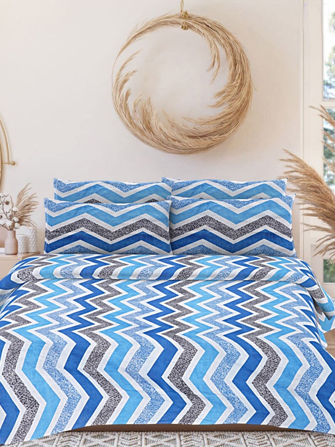 

INDHOME LIFE Blue & White Striped 160 TC Pure Cotton Queen Bedsheet & 2 Pillow Covers