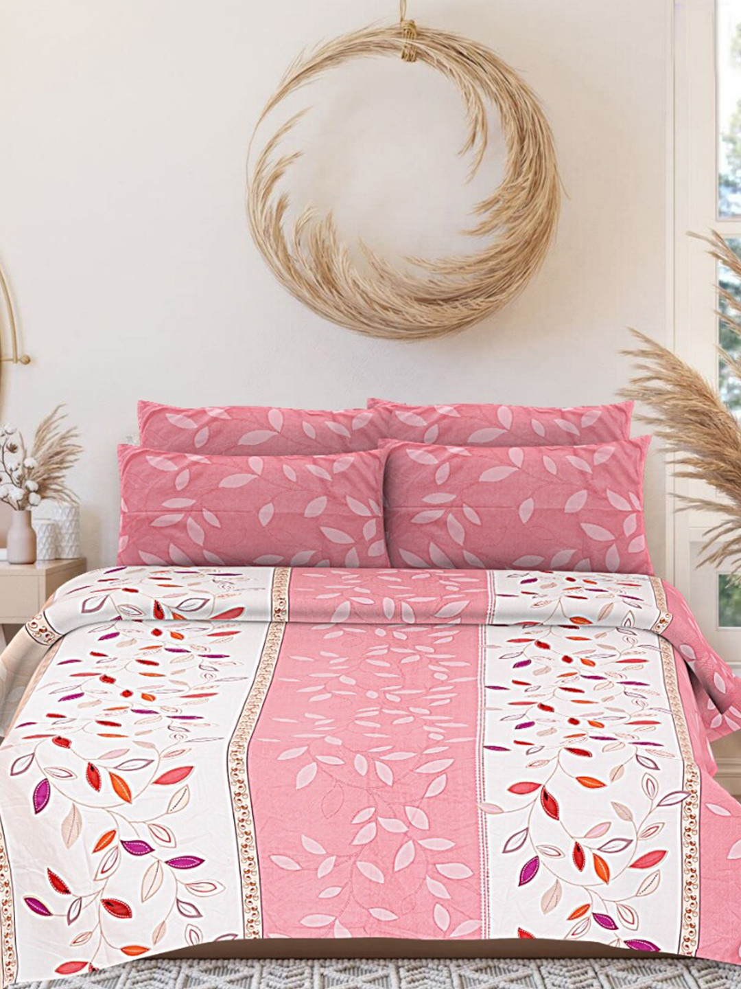 

INDHOME LIFE Pink & White Printed 200 TC Pure Cotton Queen Bedsheet & 2 Pillow Covers