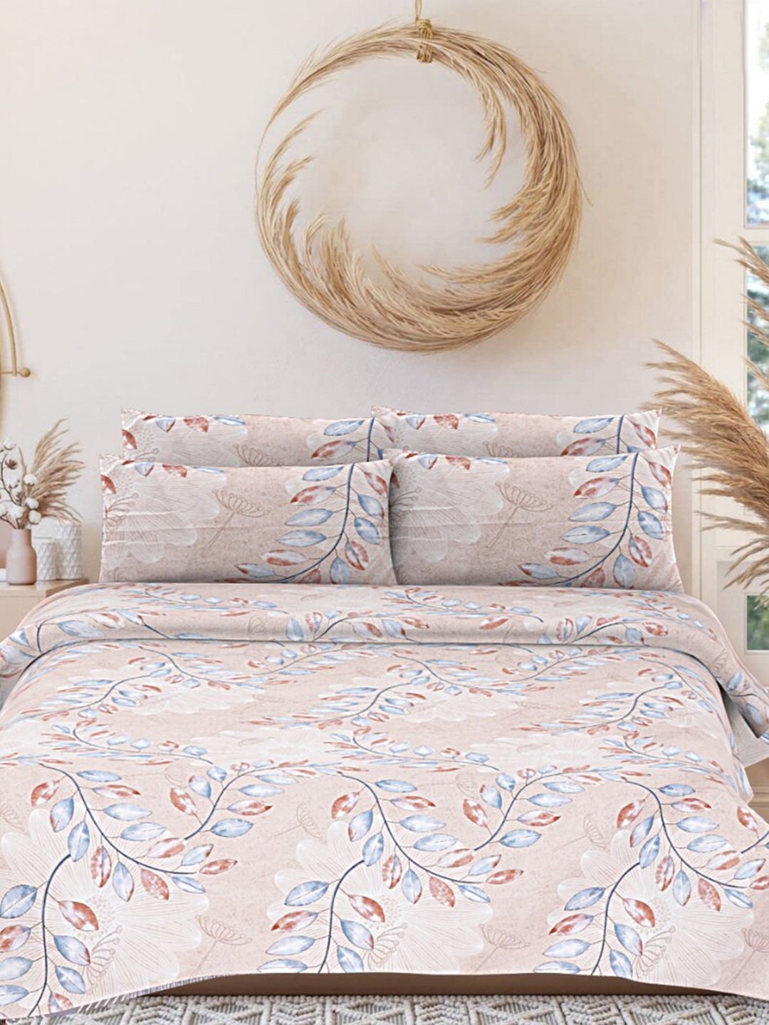 

INDHOME LIFE Peach-Coloured Printed 200 TC Pure Cotton Queen Bedsheet & 2 Pillow Covers