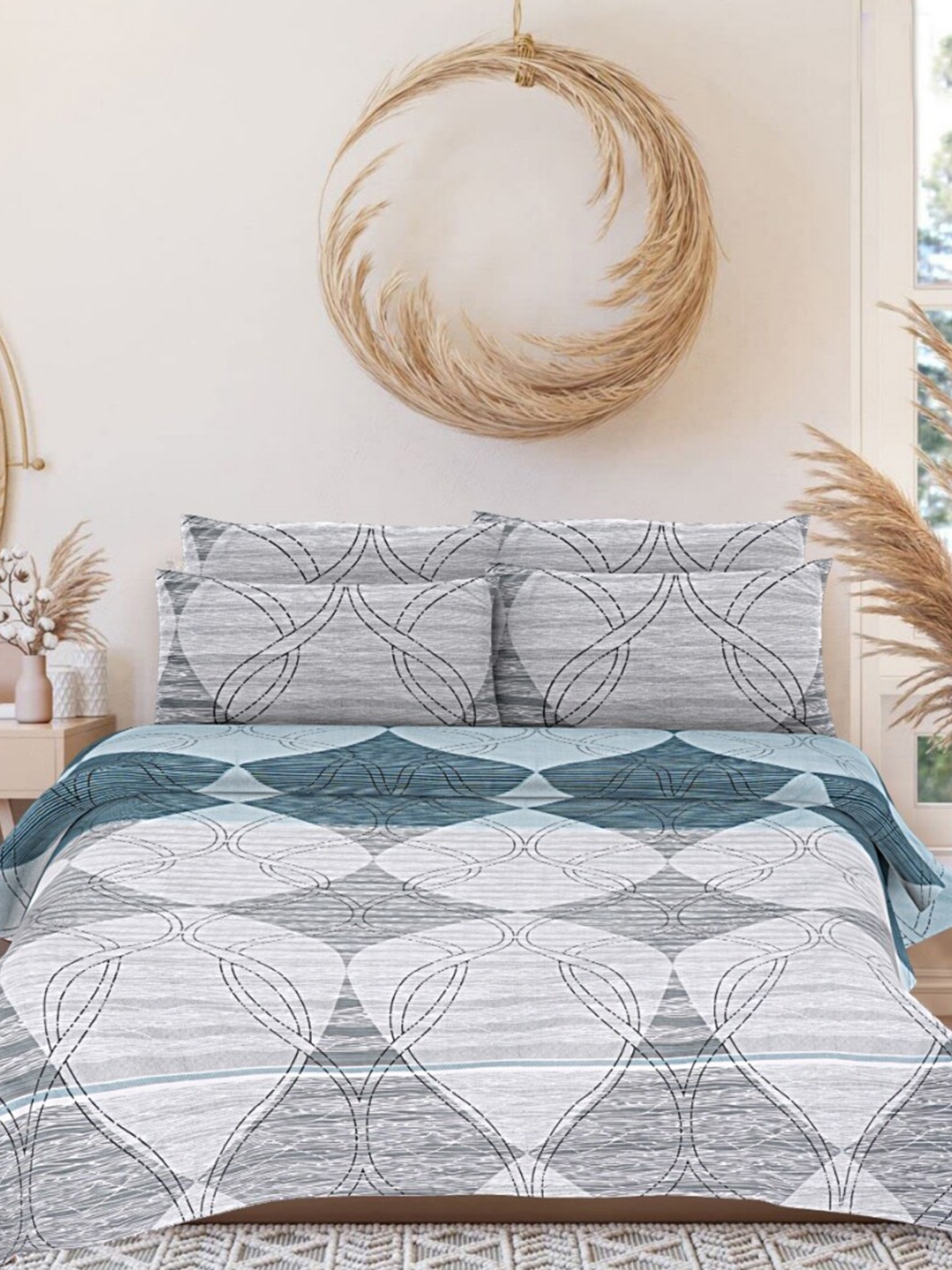 

INDHOME LIFE Grey & Blue Pure Cotton 200 TC Queen Bedsheet With 2 Pillow Covers
