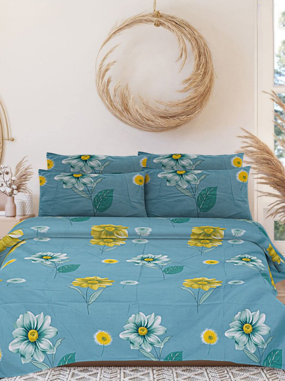 

INDHOME LIFE Blue & Mustard Printed 220 TC Pure Cotton Queen Bedsheet & 2 Pillow Covers