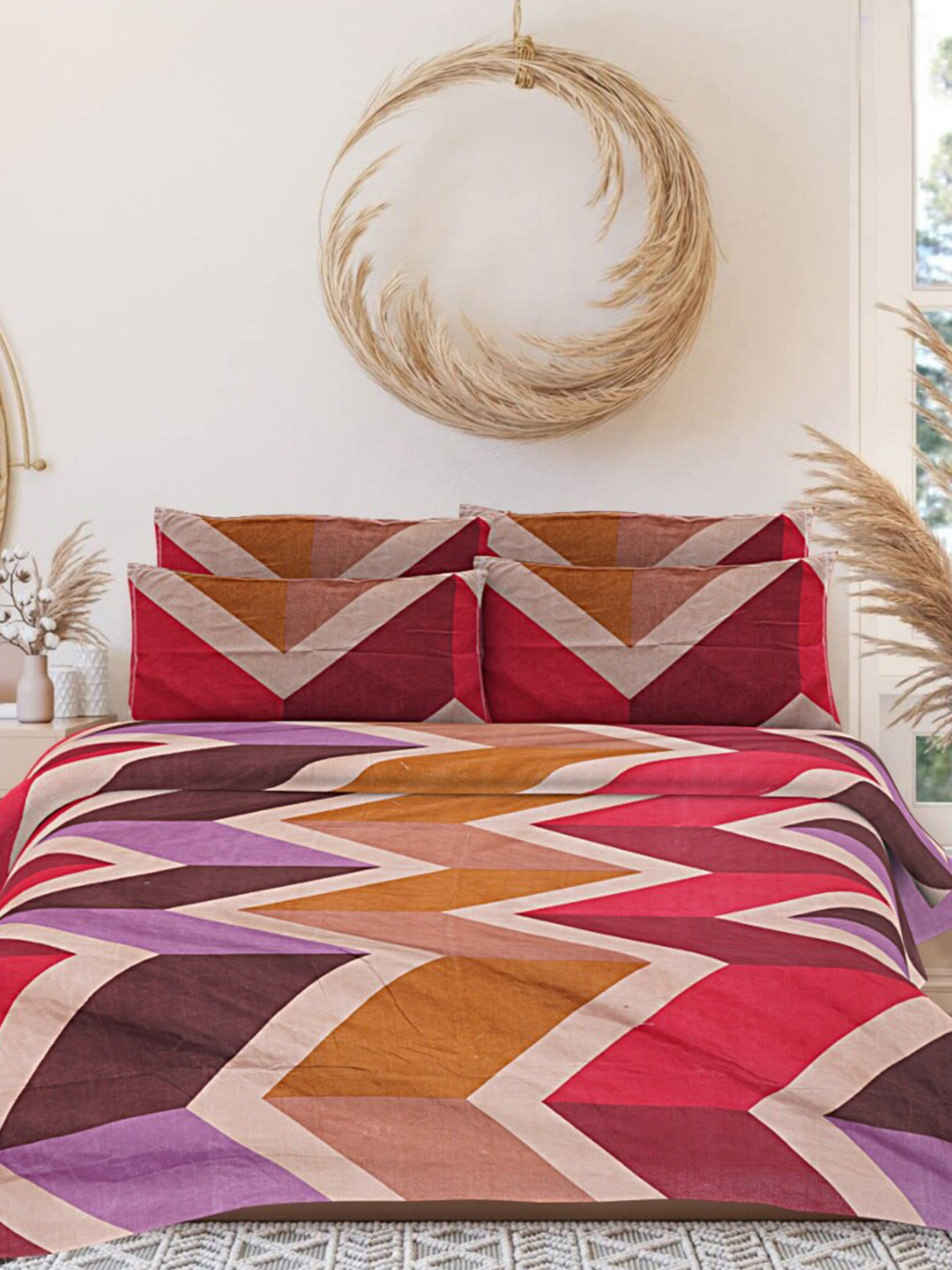 

INDHOME LIFE Red & Mustard Striped 160 TC Pure Cotton Queen Bedsheet & 2 Pillow Covers