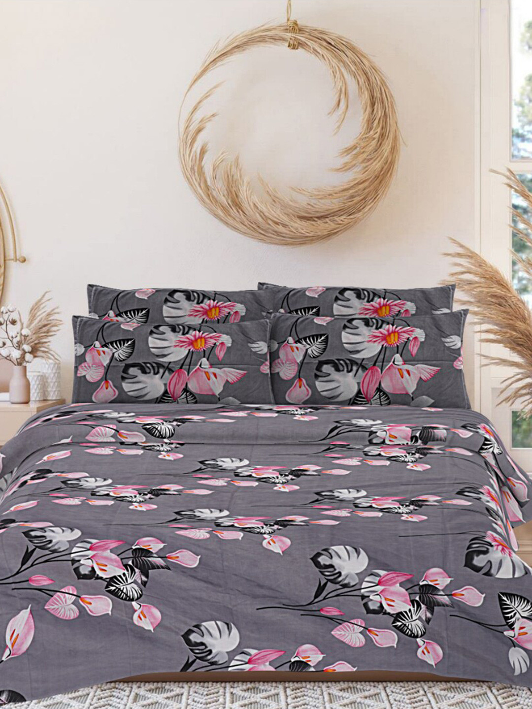 

INDHOME LIFE Grey & Pink Floral Pure Cotton 160 TC Queen Bedsheet With 2 Pillow Covers