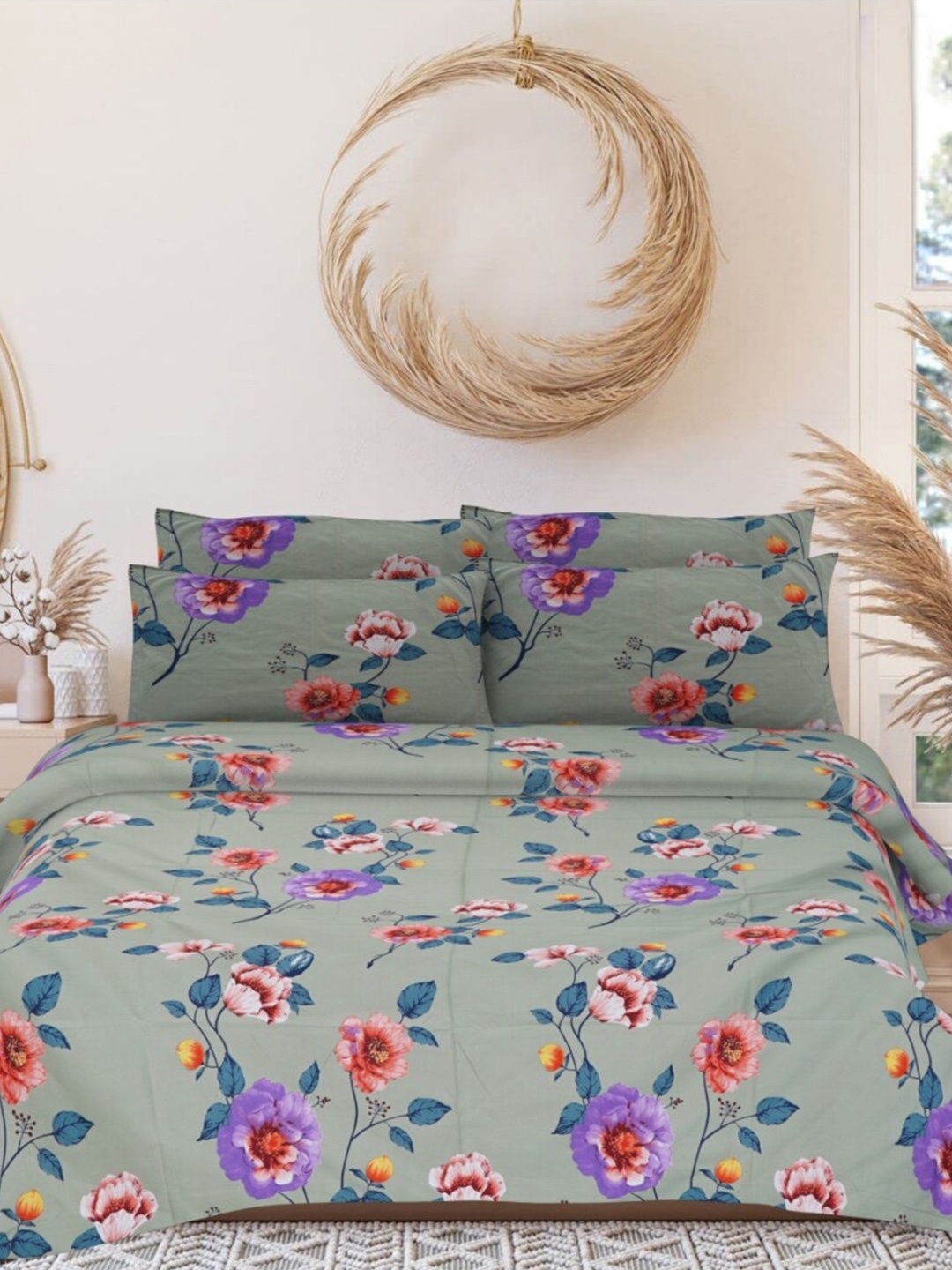 

INDHOME LIFE Green & Purple Printed 220 TC Pure Cotton Queen Bedsheet & 2 Pillow Covers