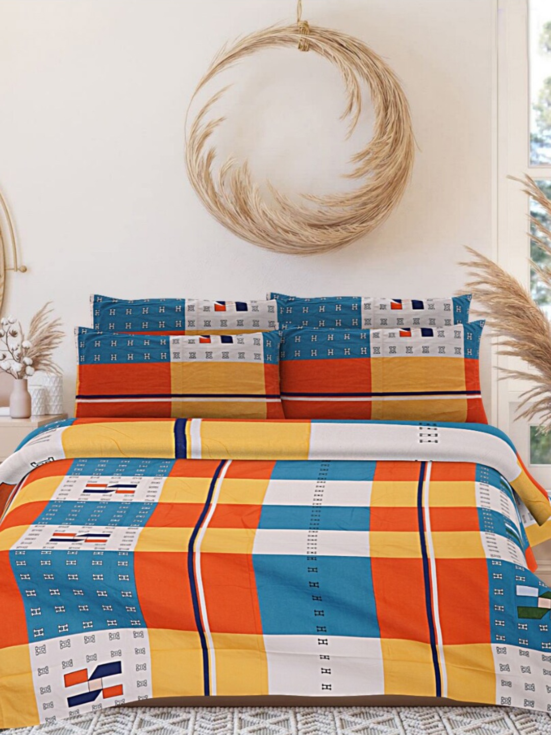 

INDHOME LIFE Blue & Orange Printed 220 TC Pure Cotton Queen Bedsheet & 2 Pillow Covers