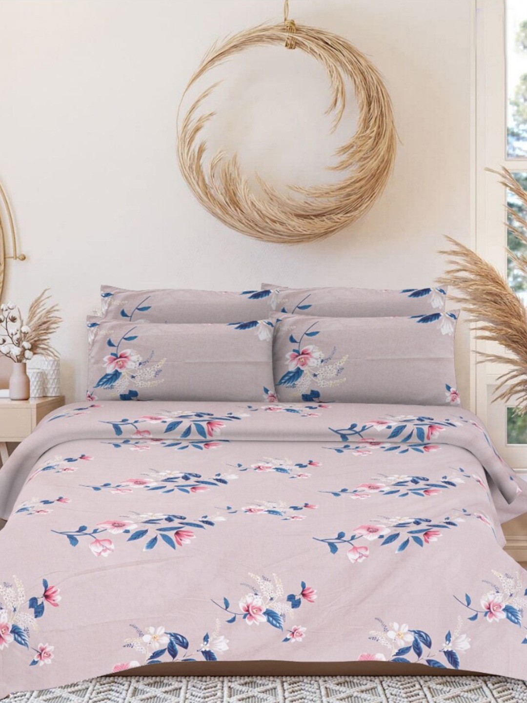 

INDHOME LIFE Pink & Grey Floral Pure Cotton 200 TC Queen Bedsheet With 2 Pillow Covers