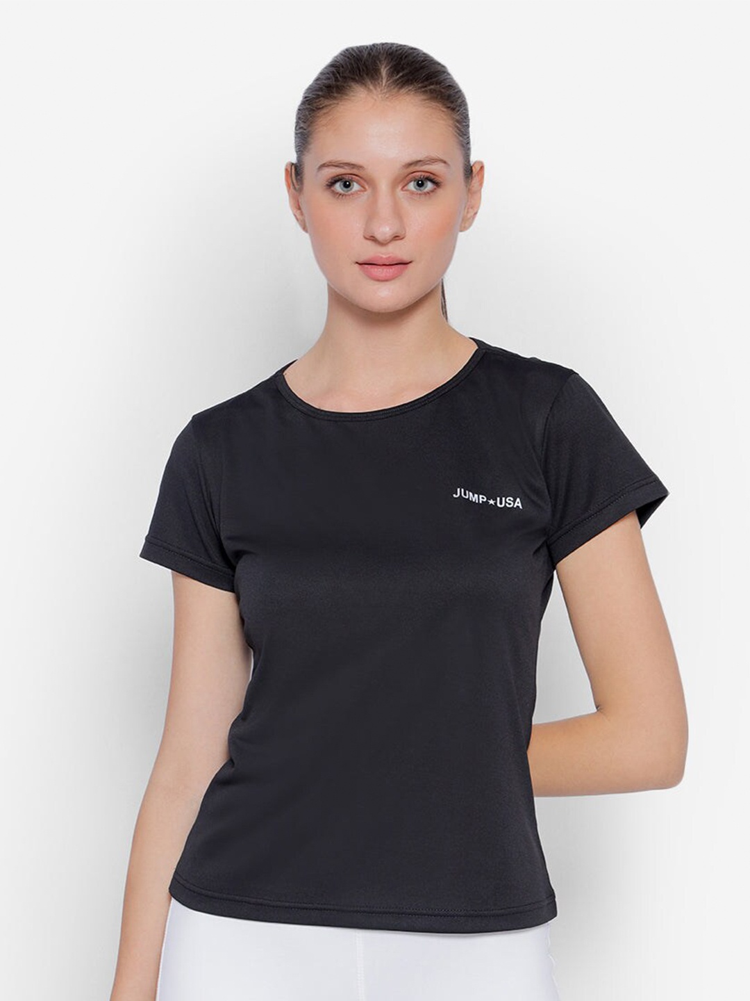 

JUMP USA Round Neck Short Sleeve Cut Out Yoga Sports T-shirt, Black