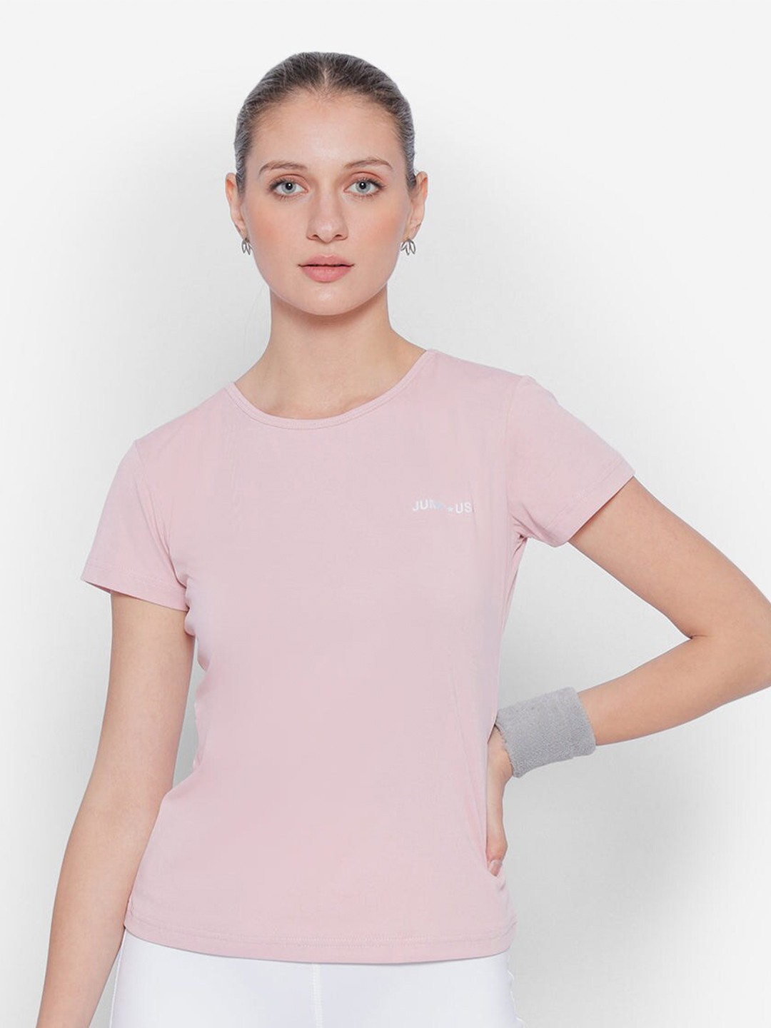 

JUMP USA Round Neck Short Sleeve Cut Out Yoga Sports T-shirt, Pink