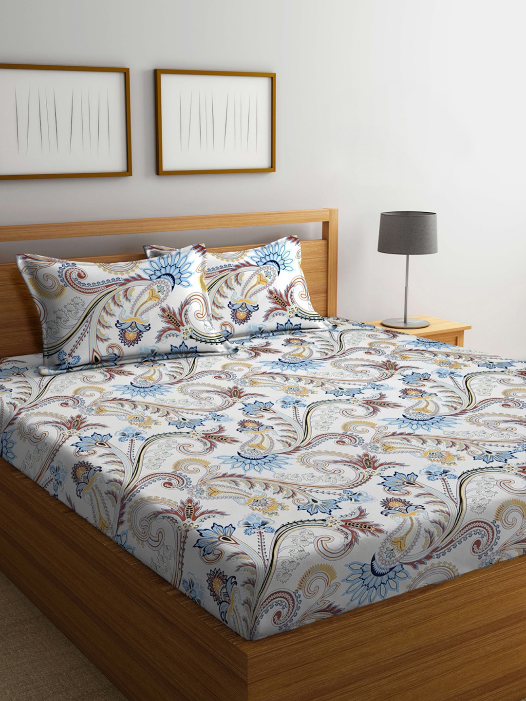 

Arrabi White & Blue Ethnic Motifs 300 TC King Size Fitted Bedsheet with 2 Pillow Covers