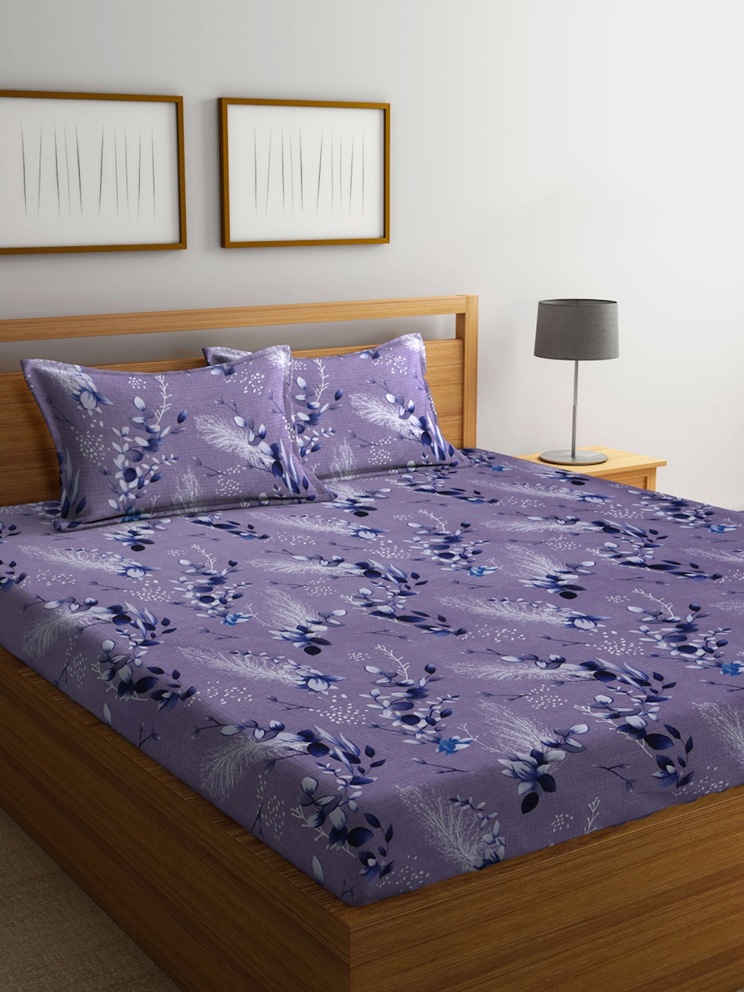 

Arrabi Grey & Blue Floral Printed 300 TC Fitted King Bedsheet & 2 Pillow Covers