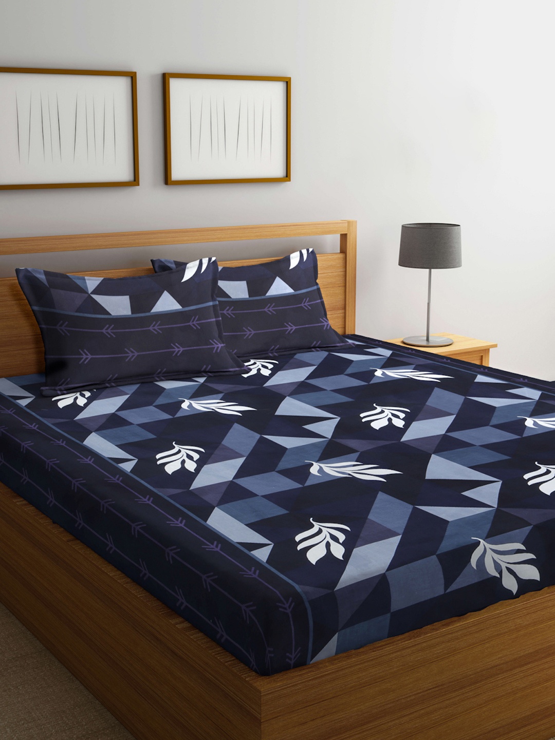 Arrabi 300 TC Cotton Blend King Size Fitted Bedsheet with 2 Pillow Covers, Blue