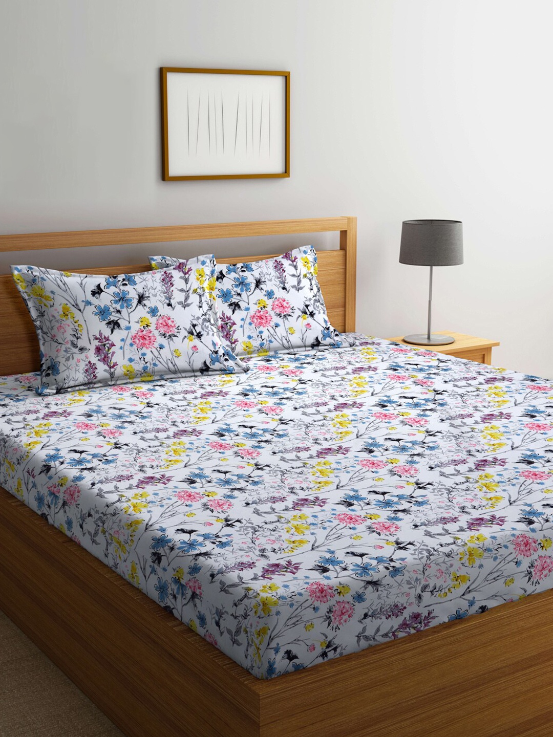 

Arrabi White & Mustard Floral Printed 300 TC Fitted King Bedsheet & 2 Pillow Covers