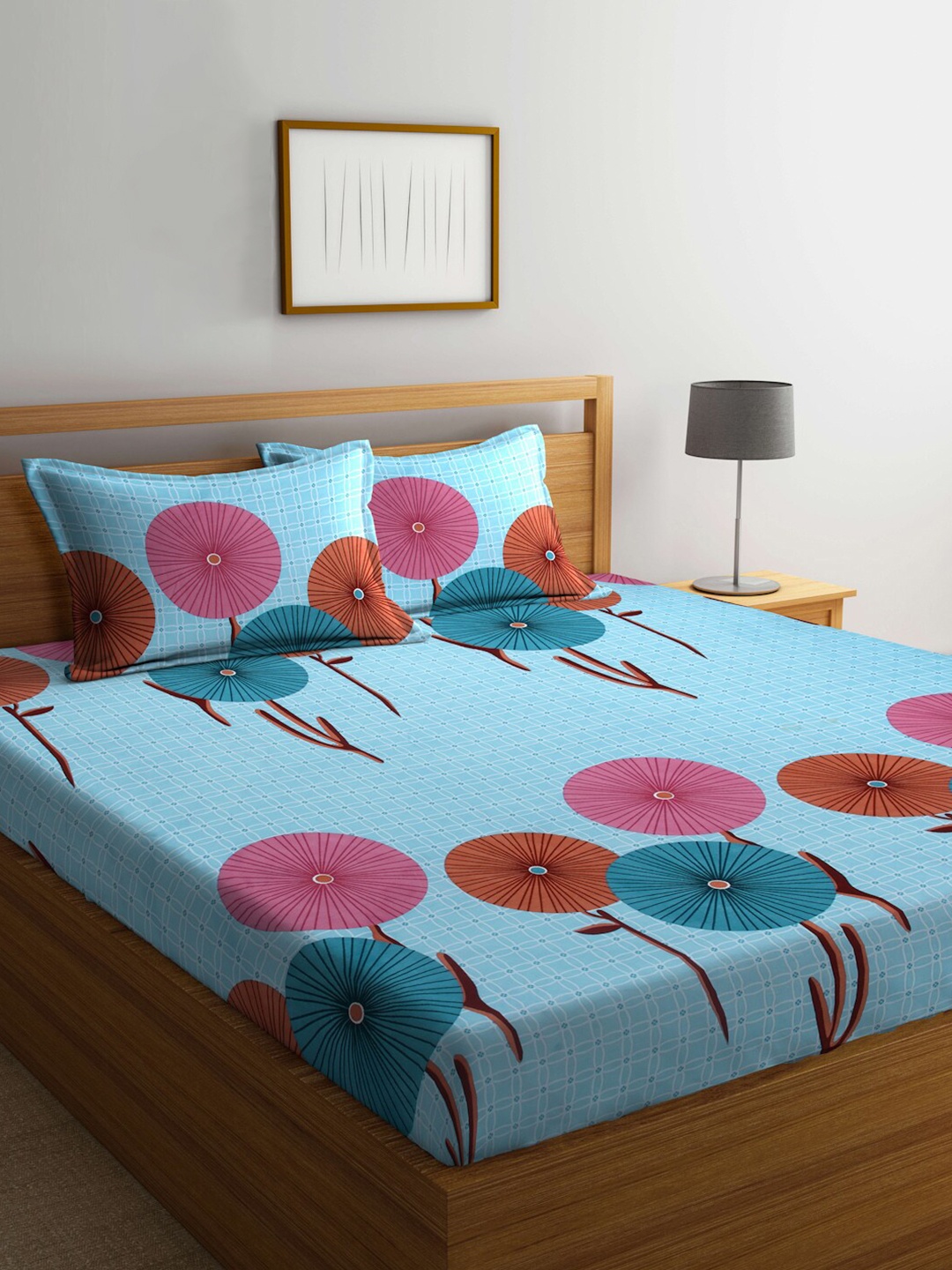 

Arrabi Cotton Blend King Size Fitted Bedsheet with 2 Pillow Covers, Blue