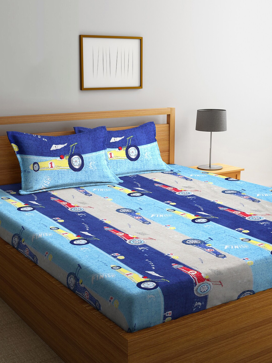 

Arrabi Biege & Blue Cartoon 300 TC King Size Fitted Bedsheet with 2 Pillow Covers, Beige