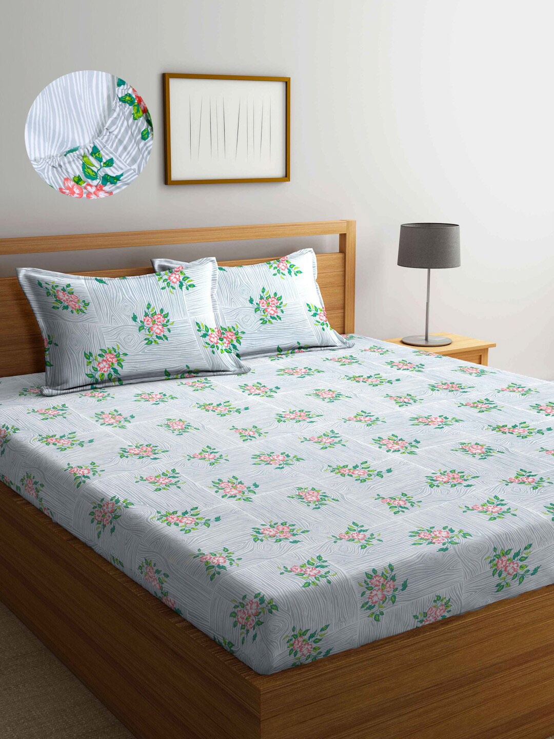 

Arrabi Cotton Blend King Size Fitted Bedsheet with 2 Pillow Covers, Grey